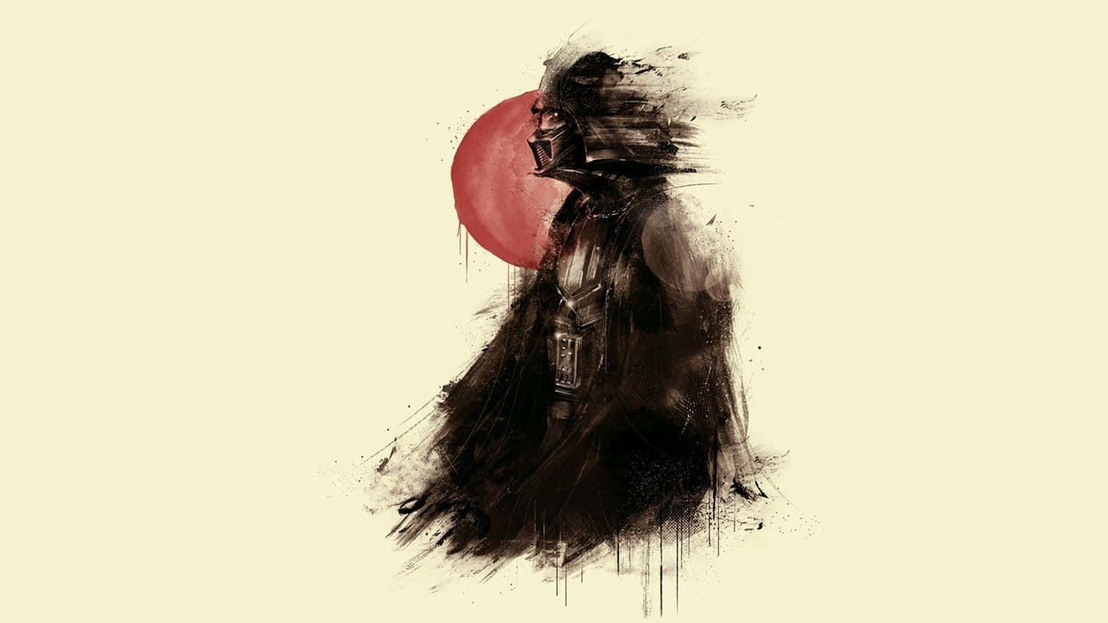 Star Wars Characters 桌布 壁紙 — 達斯維達以戲劇性的水墨風格呈現，身後有一個紅色球體，背景為淡黃色。