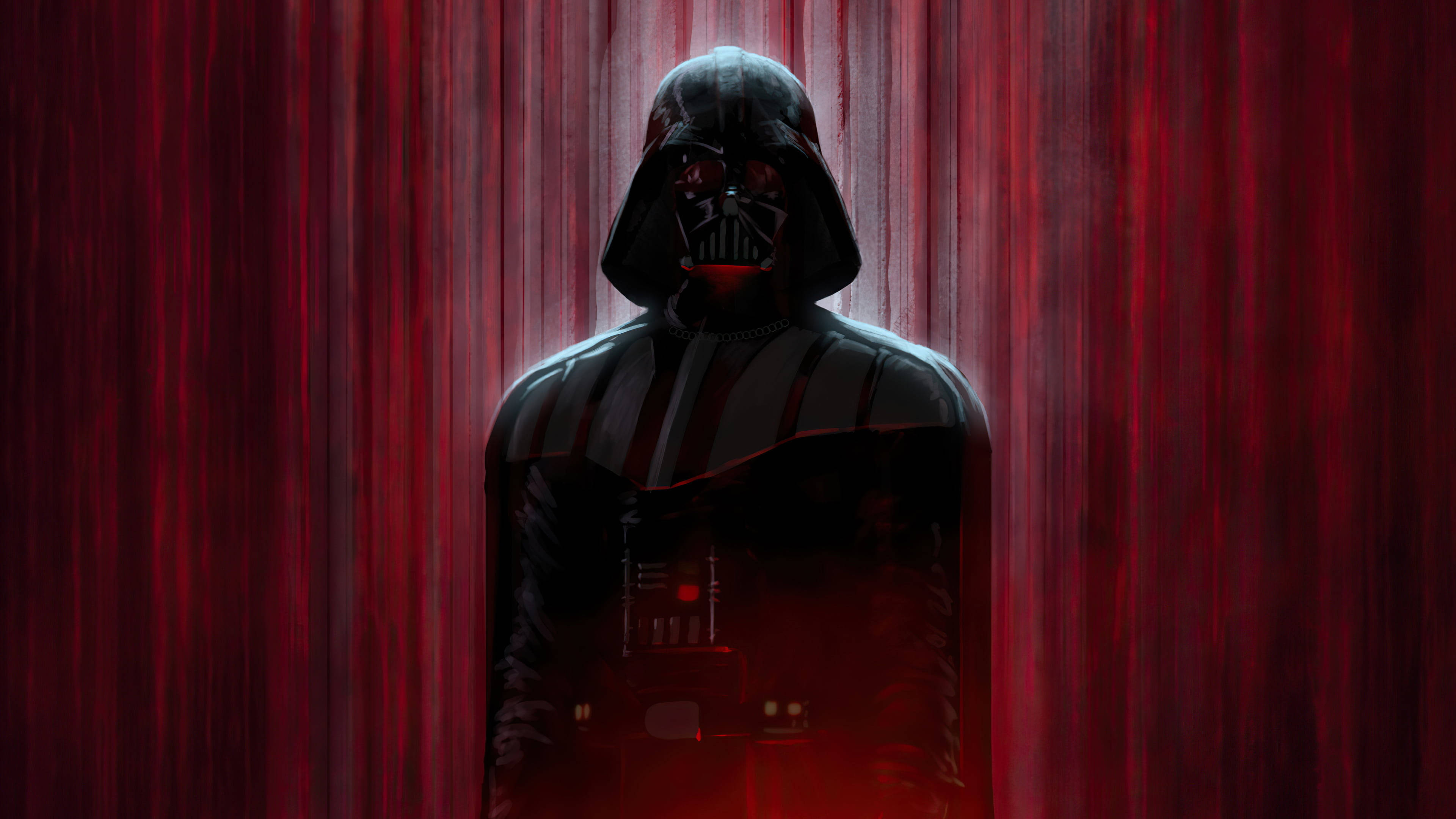 Star Wars Red 桌布 壁紙 — 達斯維達以深紅色窗簾為背景，散發著紅光眼睛和威懾力，威嚴地站立。