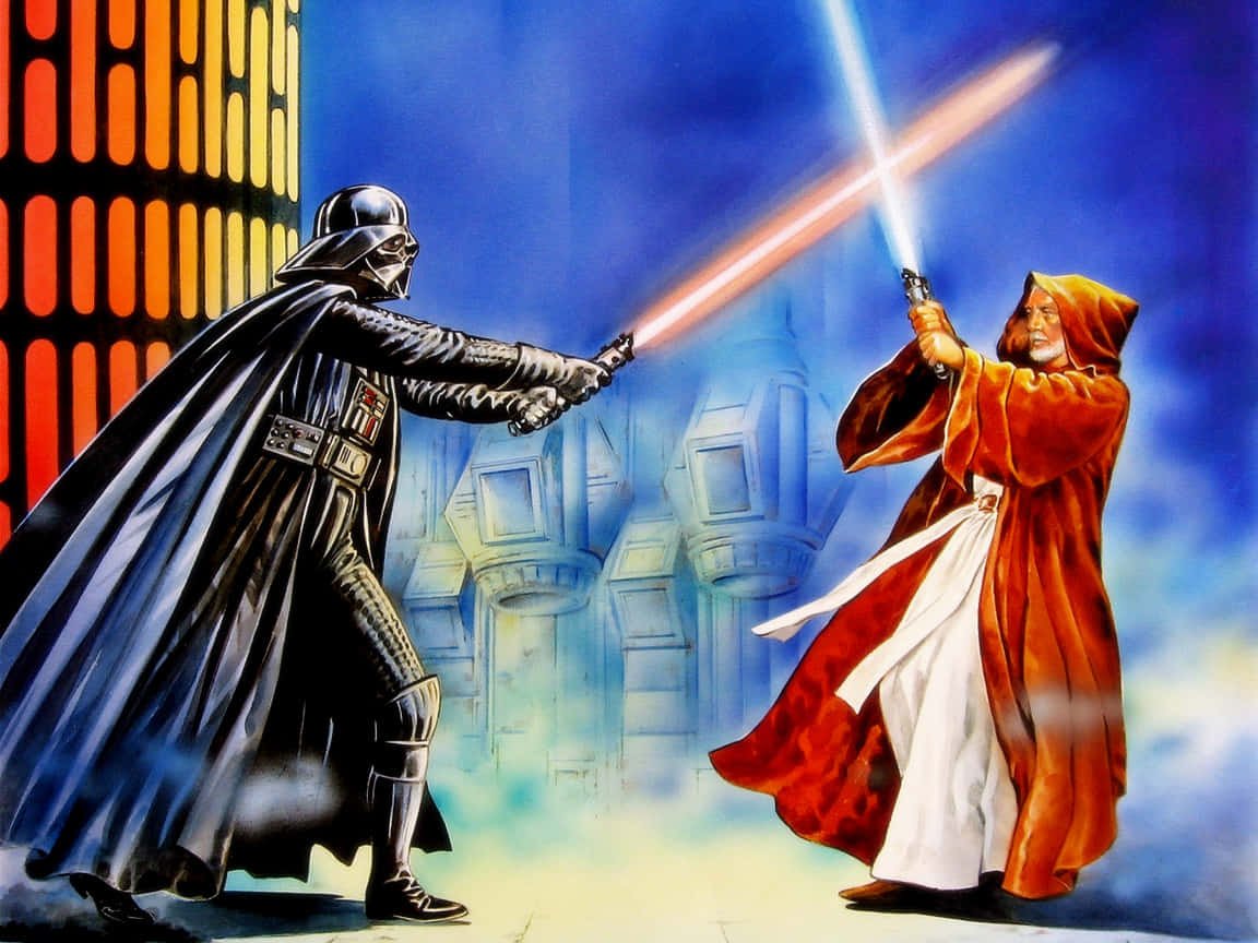 A New Hope 桌布 壁紙 — 達斯維達和歐比王·肯諾比在發光的未來背景前進行了一場戲劇性的光劍決鬥。