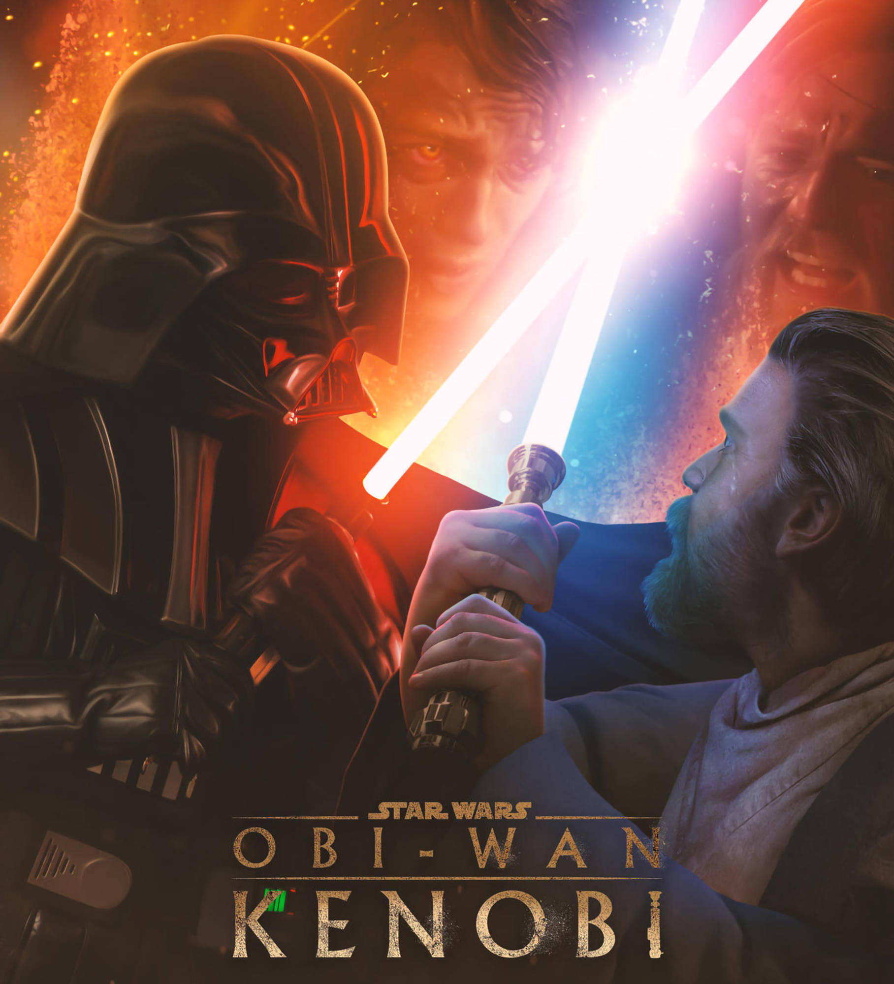 Kenobi 桌布 壁紙 — 達斯維達和歐比王肯諾比在熾熱的電影式戰鬥場景中，用發光的光劍激烈交鋒。