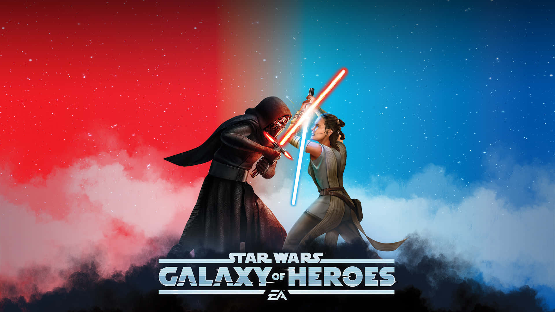 heroes 桌布 壁紙 — 達斯維達和芮在紅藍分界的星空下，以紅色和藍色光劍交鋒。