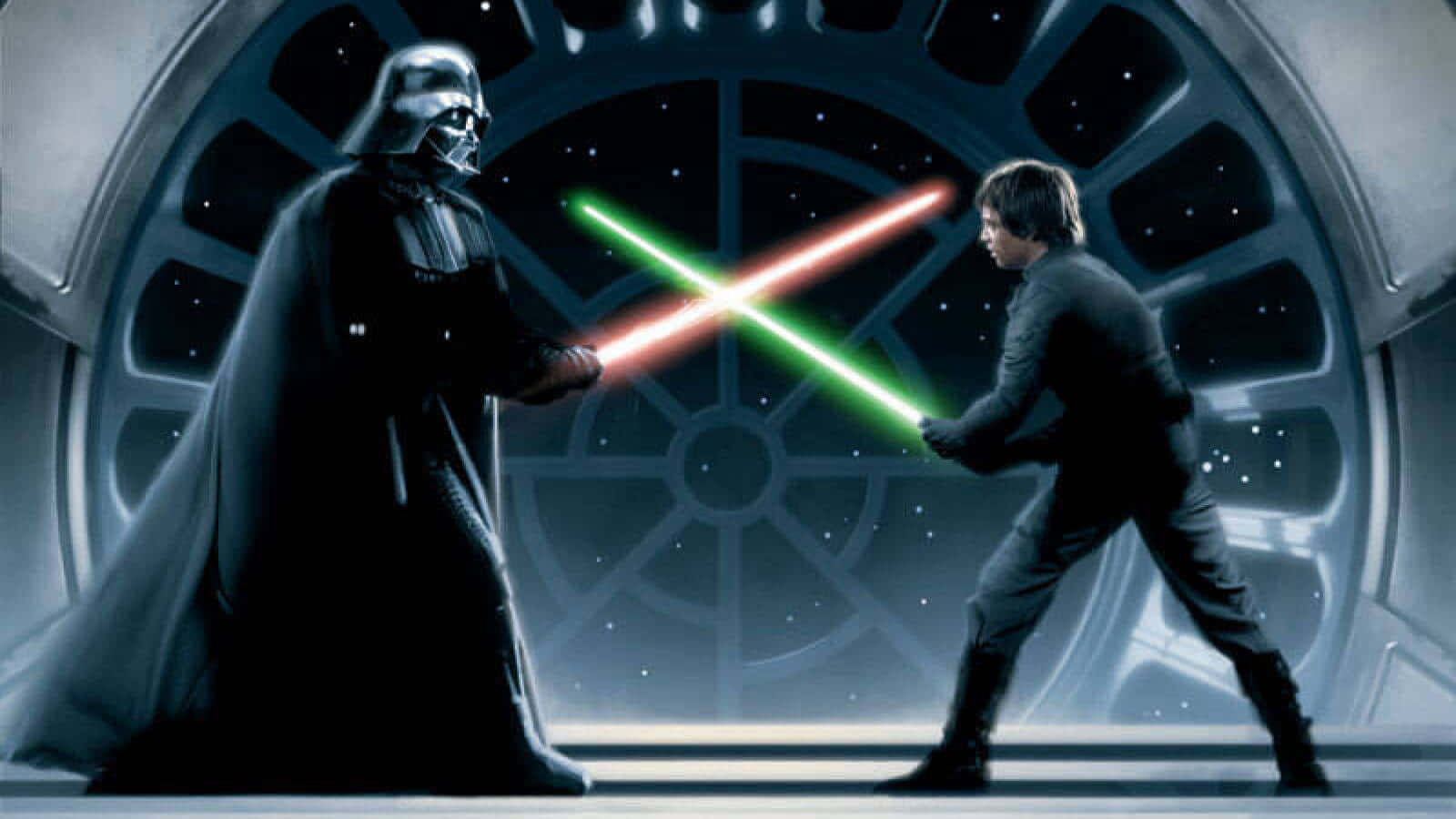 Return Of The Jedi 桌布 壁紙 — 達斯維達和路克天行者在一間充滿星星的圓形房間裡用紅色和綠色的光劍決鬥。