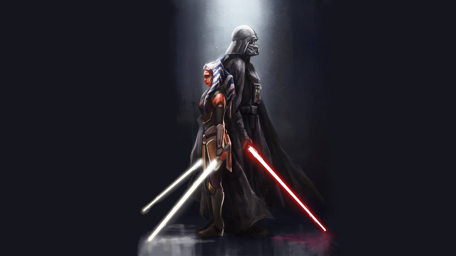 Ahsoka Tano 桌布 壁紙 — 達斯維達和阿索卡塔諾在黑暗中背光站立，手持紅色和白色光劍。