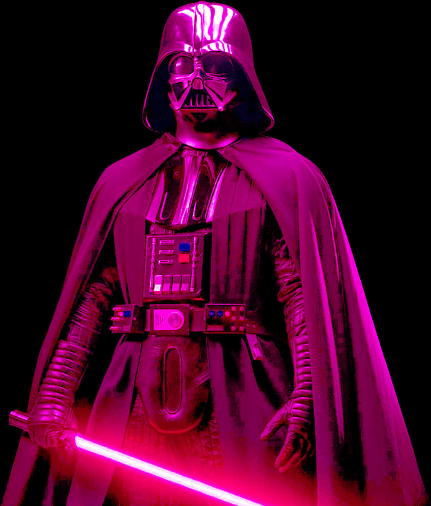 達斯維德 桌布 壁紙 — 達斯維達在充滿活力的粉紅色光芒中威嚴地站立，手持發光的光劍，背景為黑色。