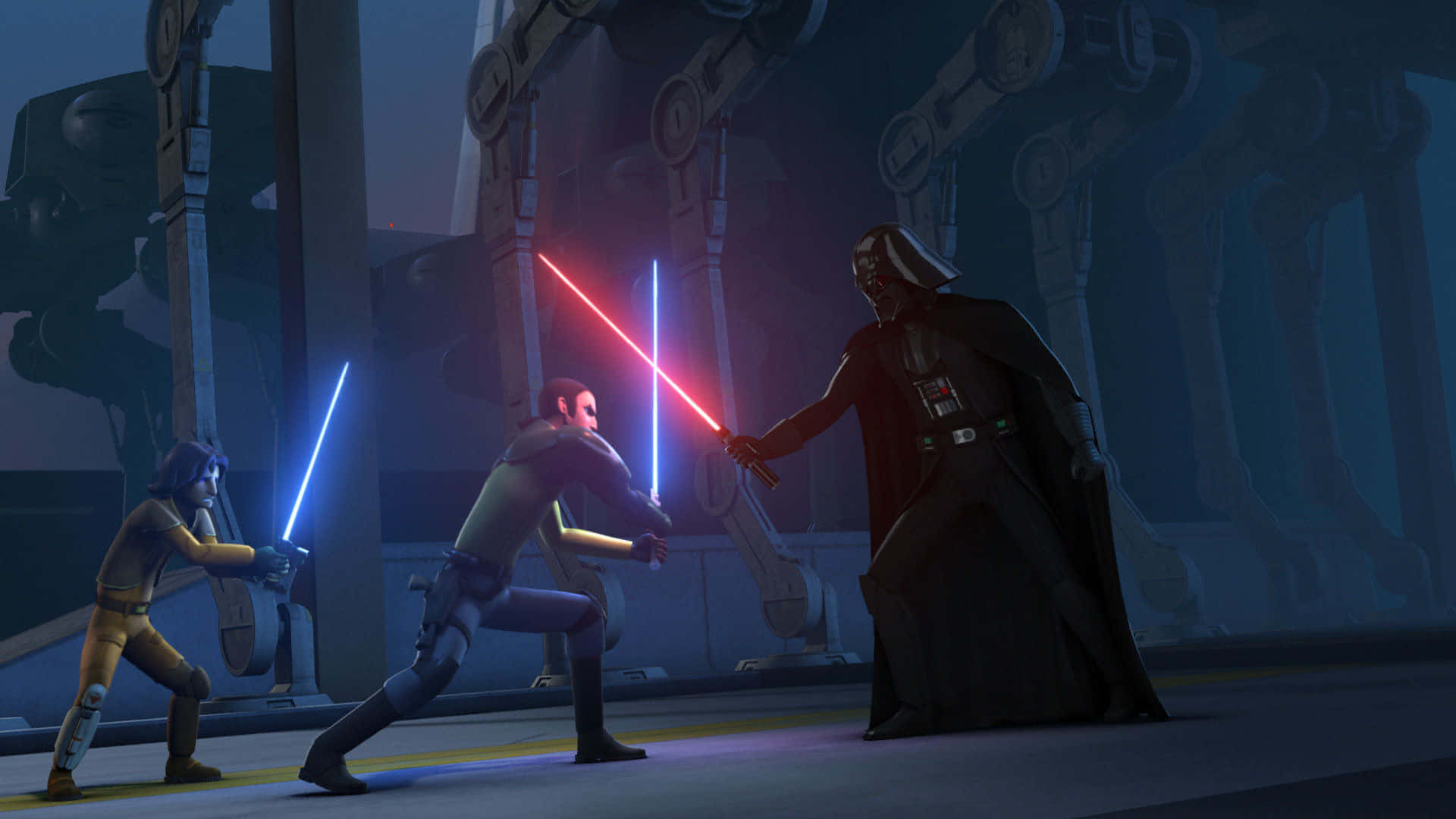 Lightsaber Duel 桌布 壁紙 — 達斯維達在光線昏暗的工業競技場中與兩名絕地武士對峙，他們的光劍以紅色和藍色色調碰撞。