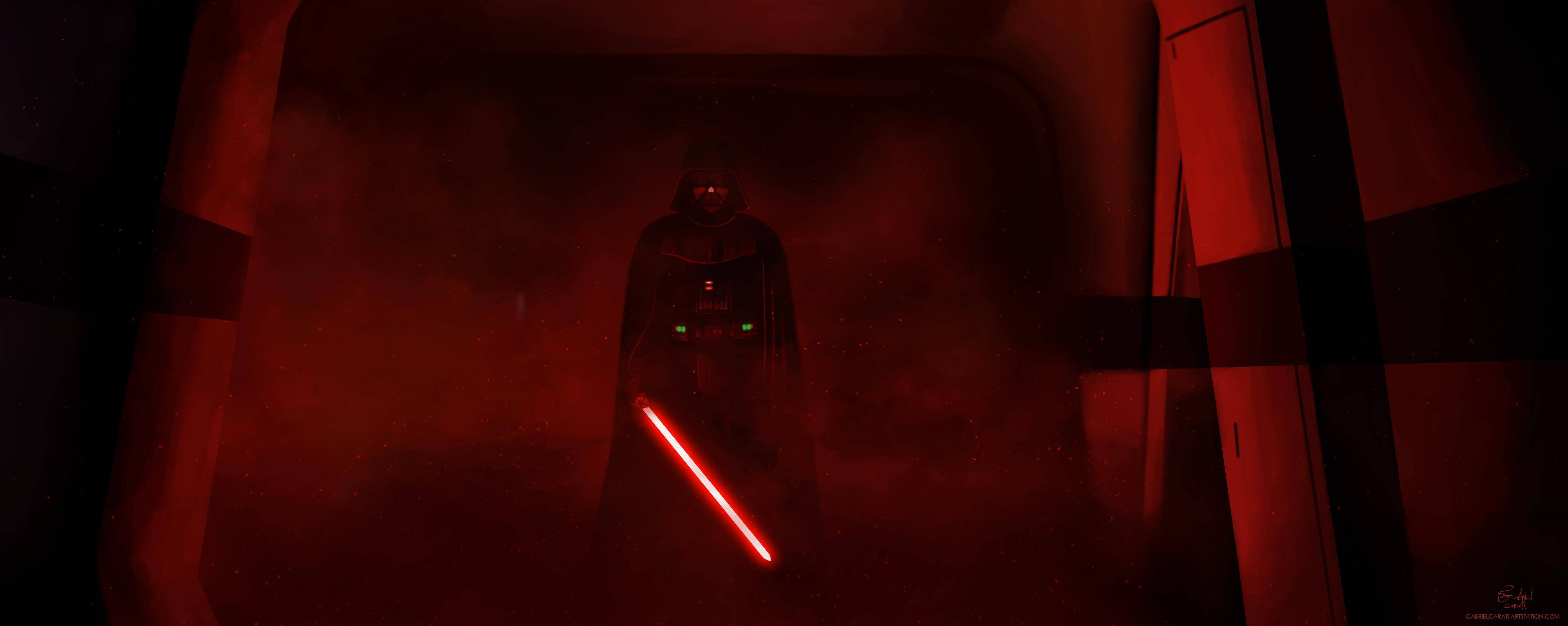 Vader 桌布 壁紙 — 達斯維達在昏暗的紅色燈光走廊中威嚴地站立，手持一把發光的紅色光劍。