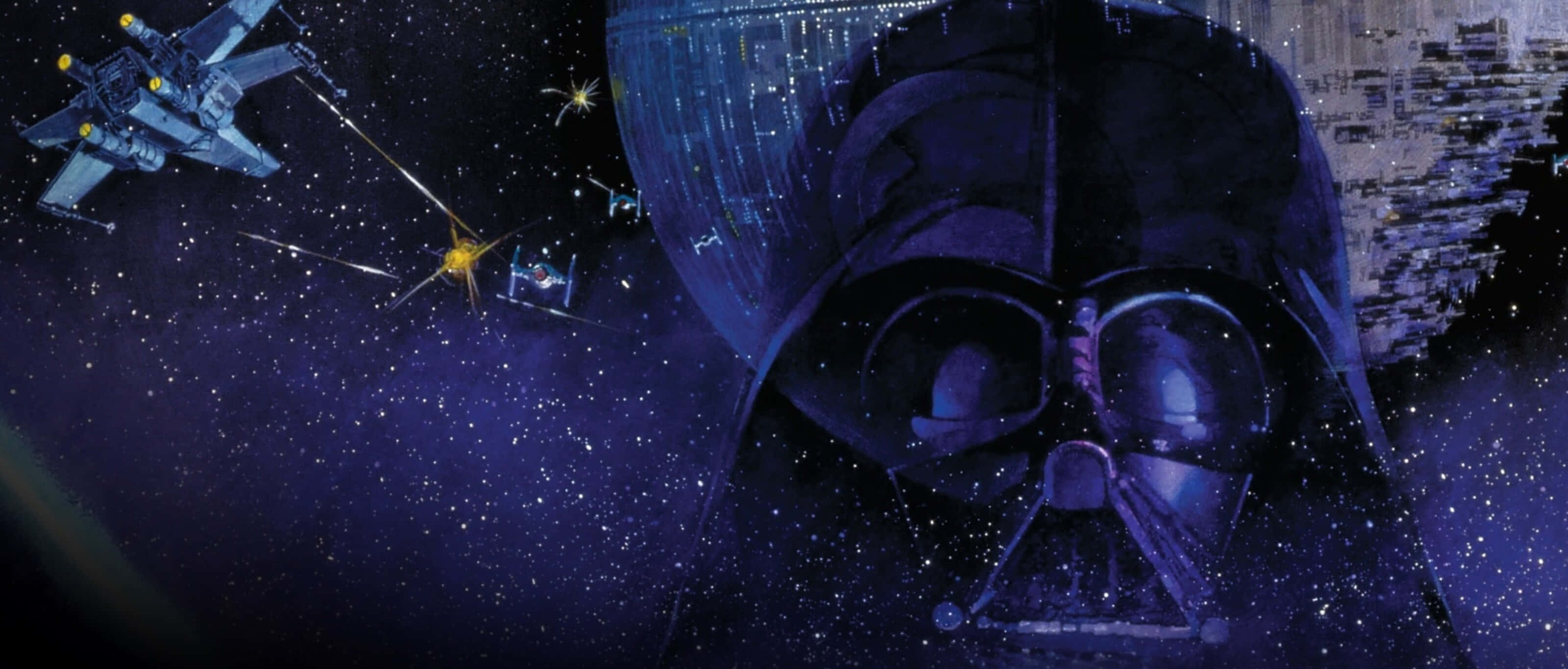 Return Of The Jedi 桌布 壁紙 — 達斯維達在星空太空背景下，與X翼戰鬥機和死星戰鬥中巍然聳立。