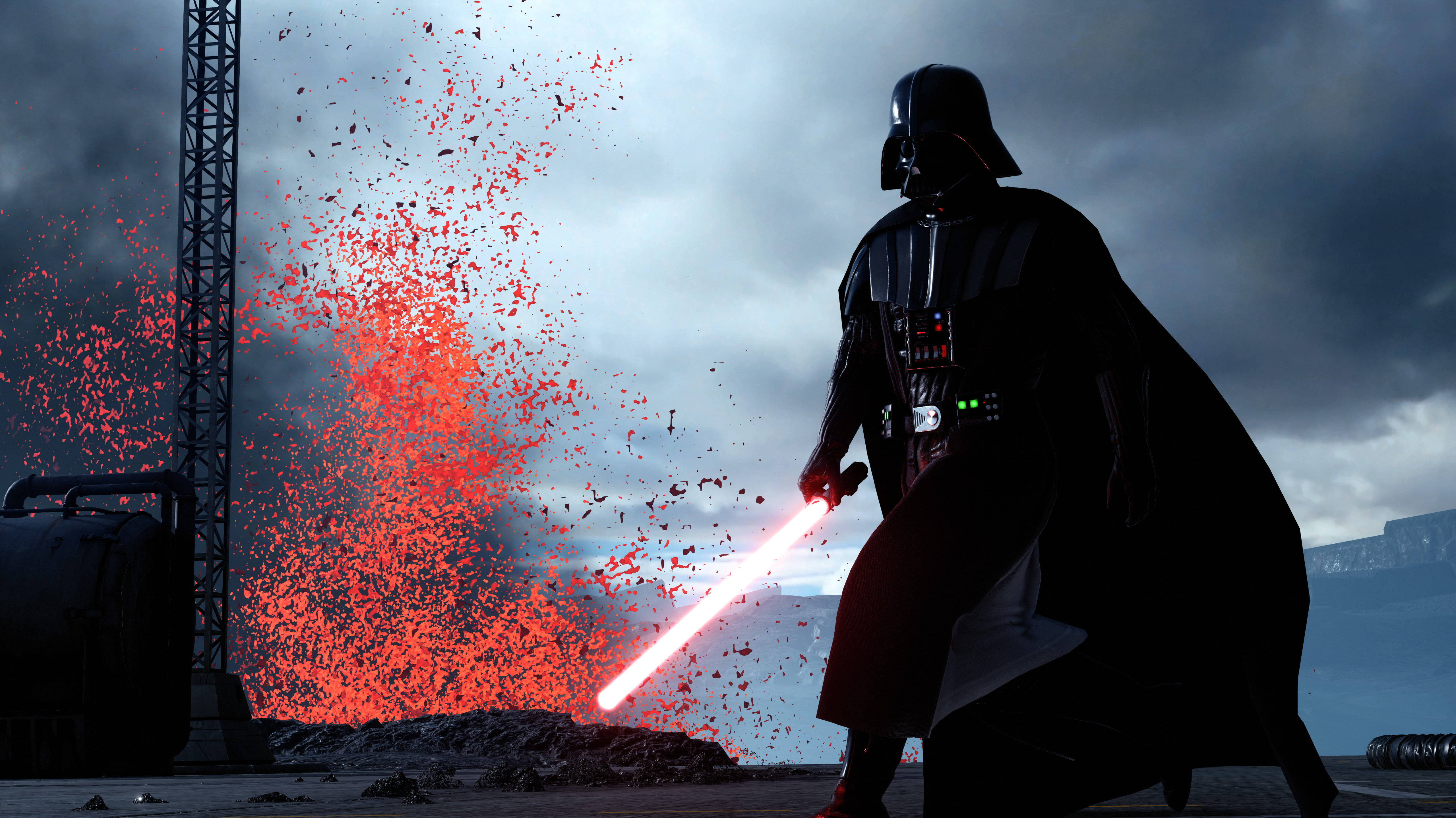 Vader 桌布 壁紙 — 達斯維達在暴風雨的天空下以剪影站立，他的紅色光劍點燃了熔岩的猛烈爆炸。