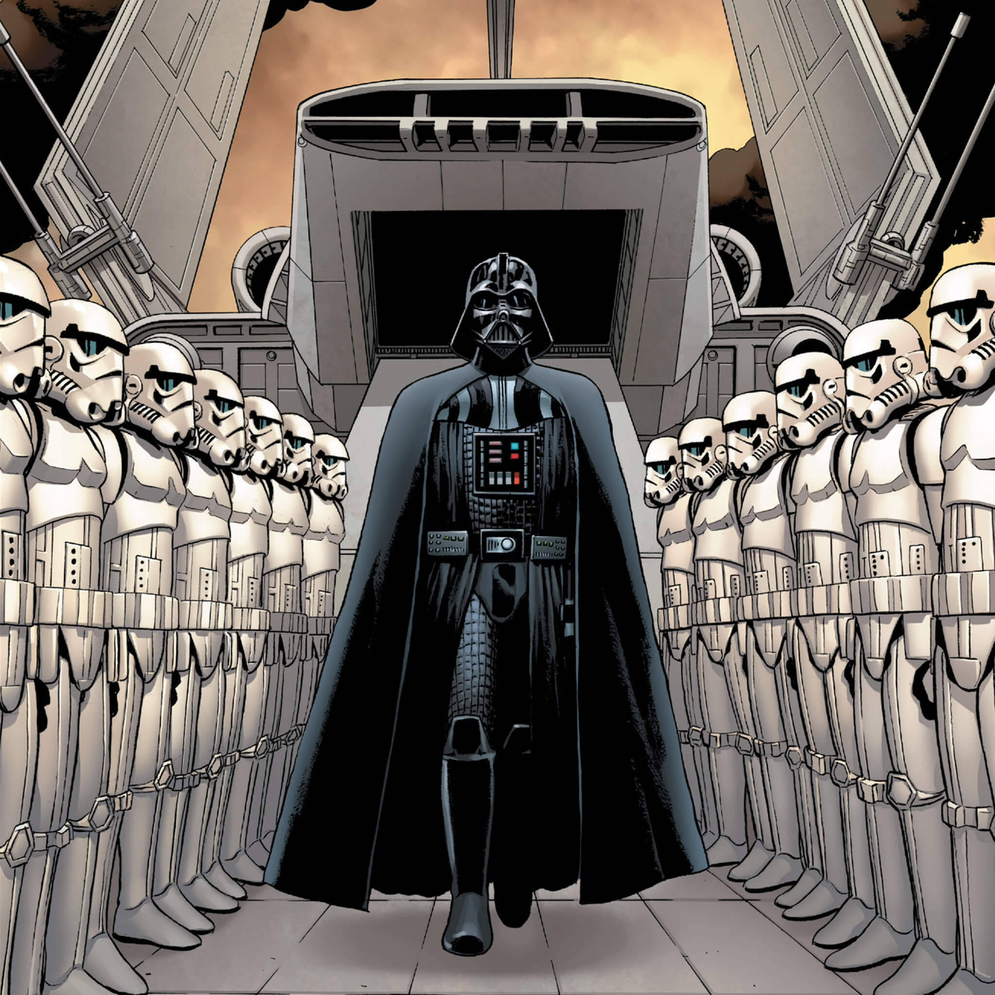 Star Wars iPad 桌布 壁紙 — 達斯維達在熾熱的天空下，威嚴地站在一排排風暴兵之間的簡樸金屬走廊中。