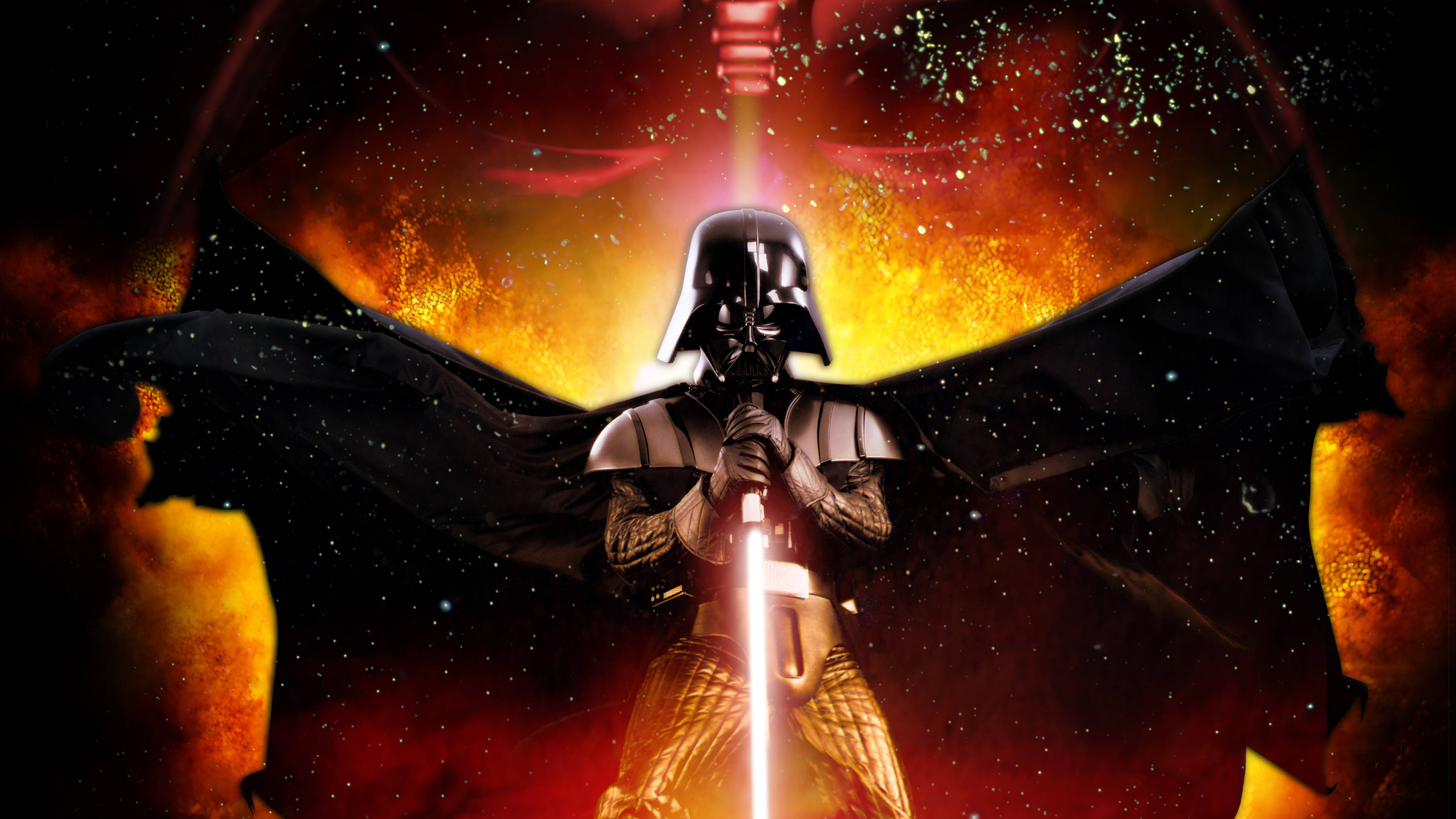 Vader 桌布 壁紙 — 達斯維達在熾熱的宇宙背景下威嚴地站立，手持發光的紅色光劍。