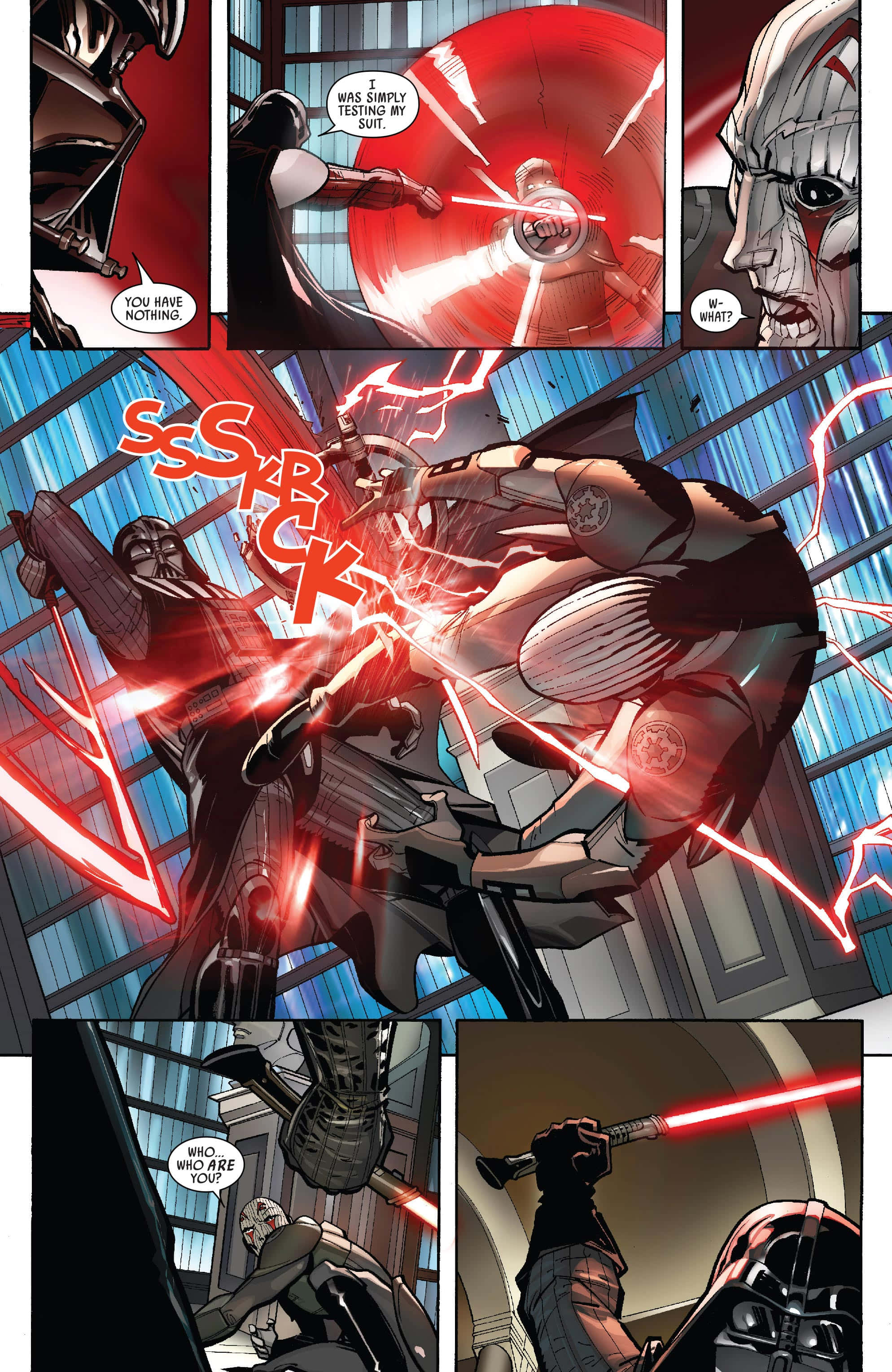 The Inquisitor 桌布 壁紙 — 達斯維達在緊張刺激的漫畫戰鬥場景中，與揮舞紅色光劍的對手交鋒。