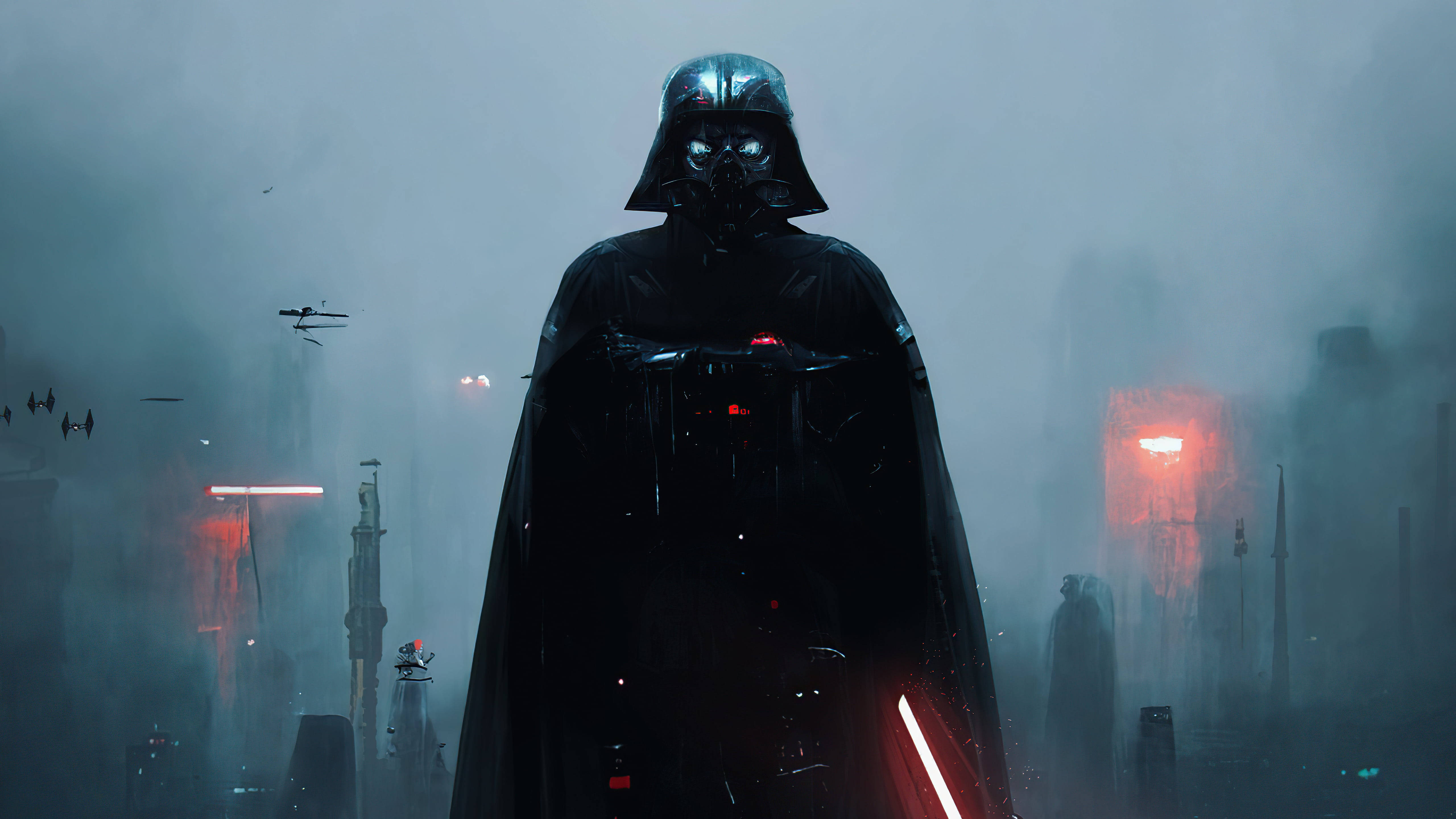 Vader 桌布 壁紙 — 達斯維達在迷霧中的未來城市景觀中威嚴地站立，背景有紅色光劍和飛行的星際戰機。