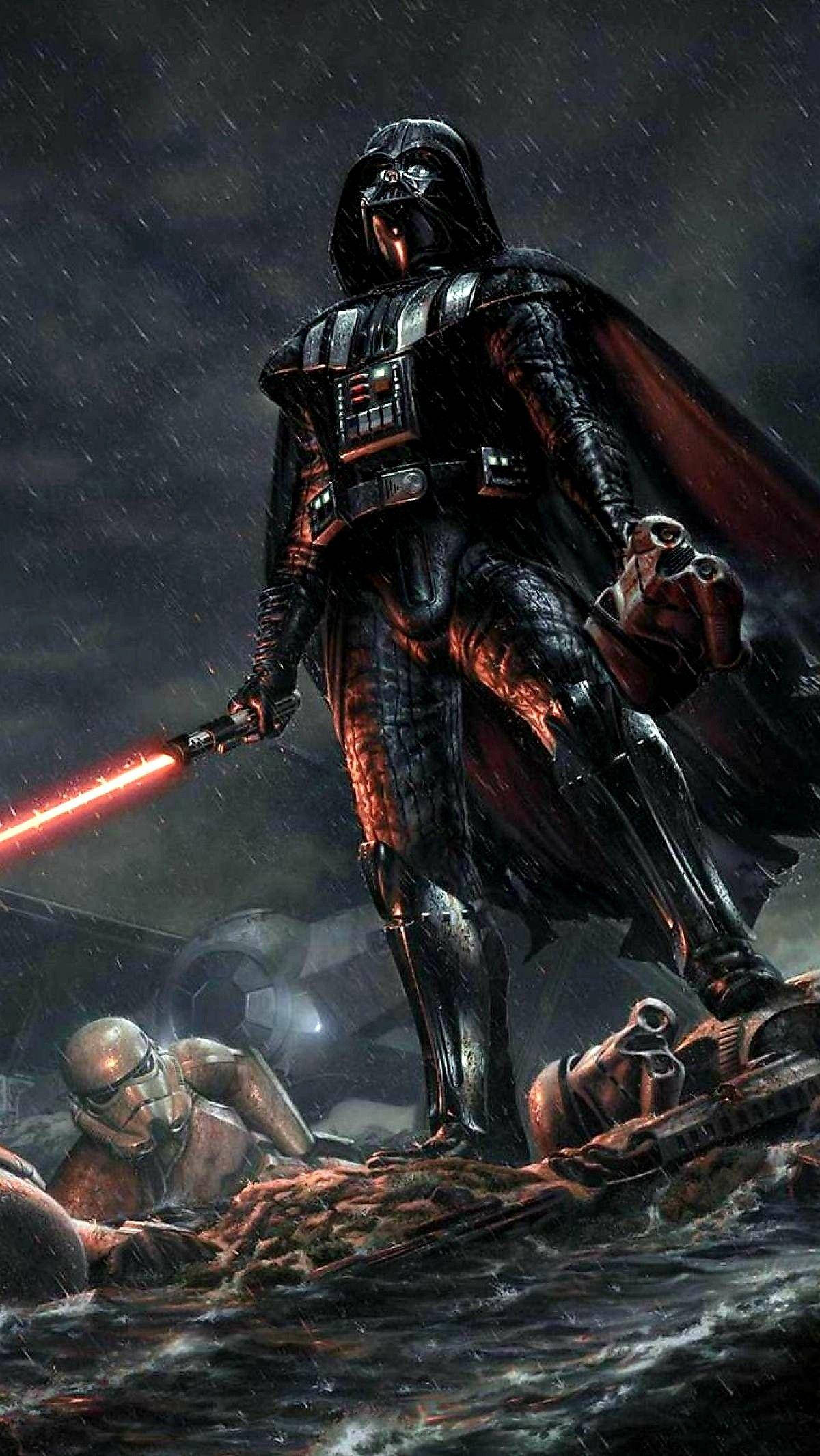 star wars 4K iPhone 桌布 壁紙 — 達斯維達在雨中手持紅色光劍威嚇地站著，一名風暴兵敗倒在他腳下。