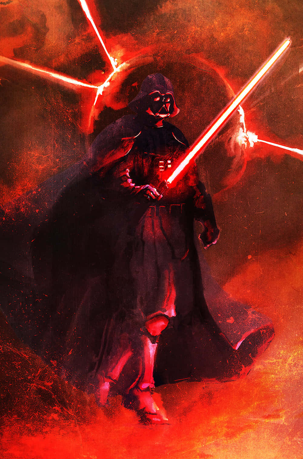 Mustafar 桌布 壁紙 — 達斯維達威風凜凜地揮舞著兩把紅色光劍，周圍環繞著旋轉的熾熱紅色能量和黑煙。