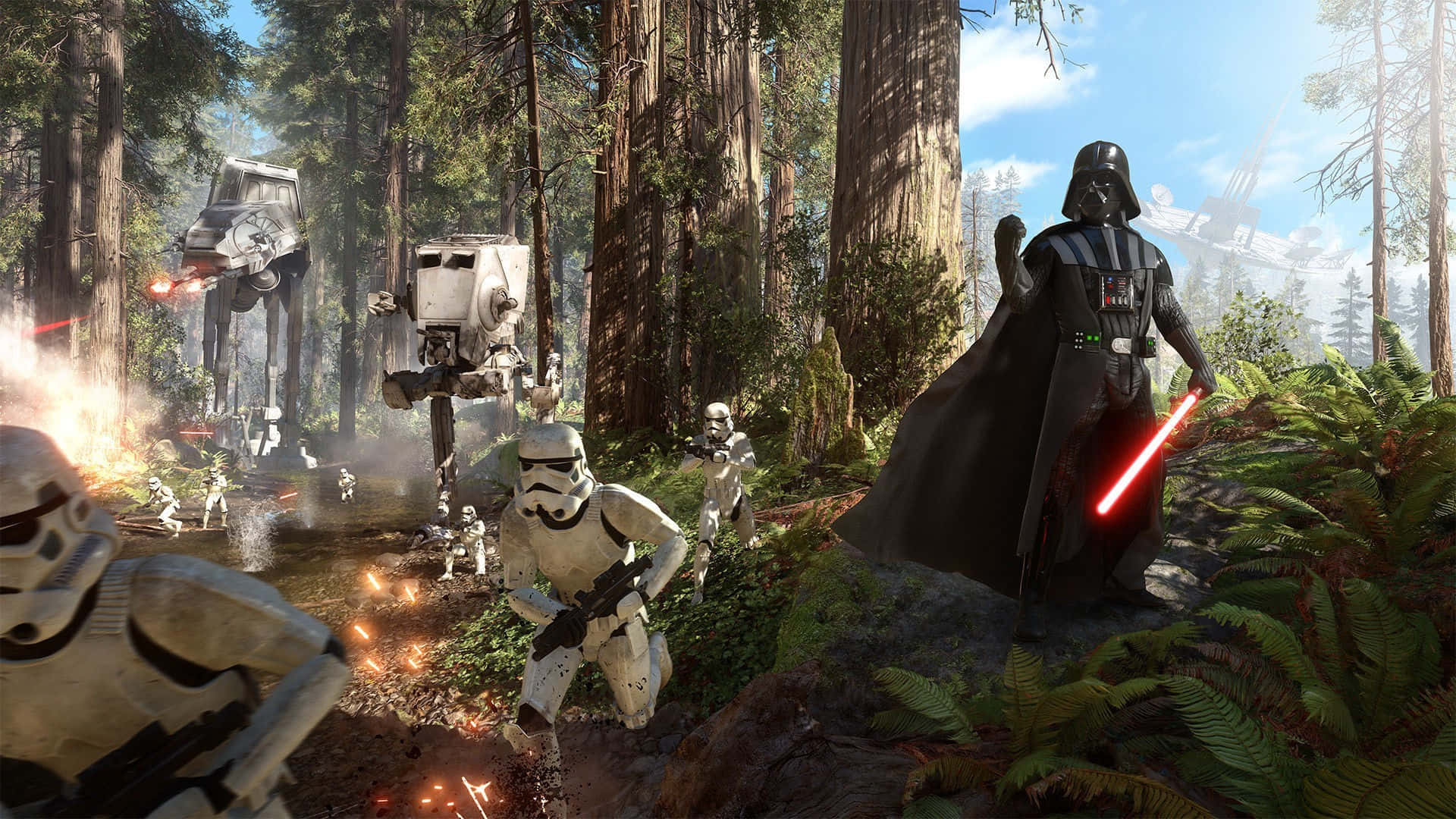 Galactic Empire 桌布 壁紙 — 達斯維達帶領風暴兵穿過茂密森林，AT-ST步行機在爆炸和煙霧中前進。