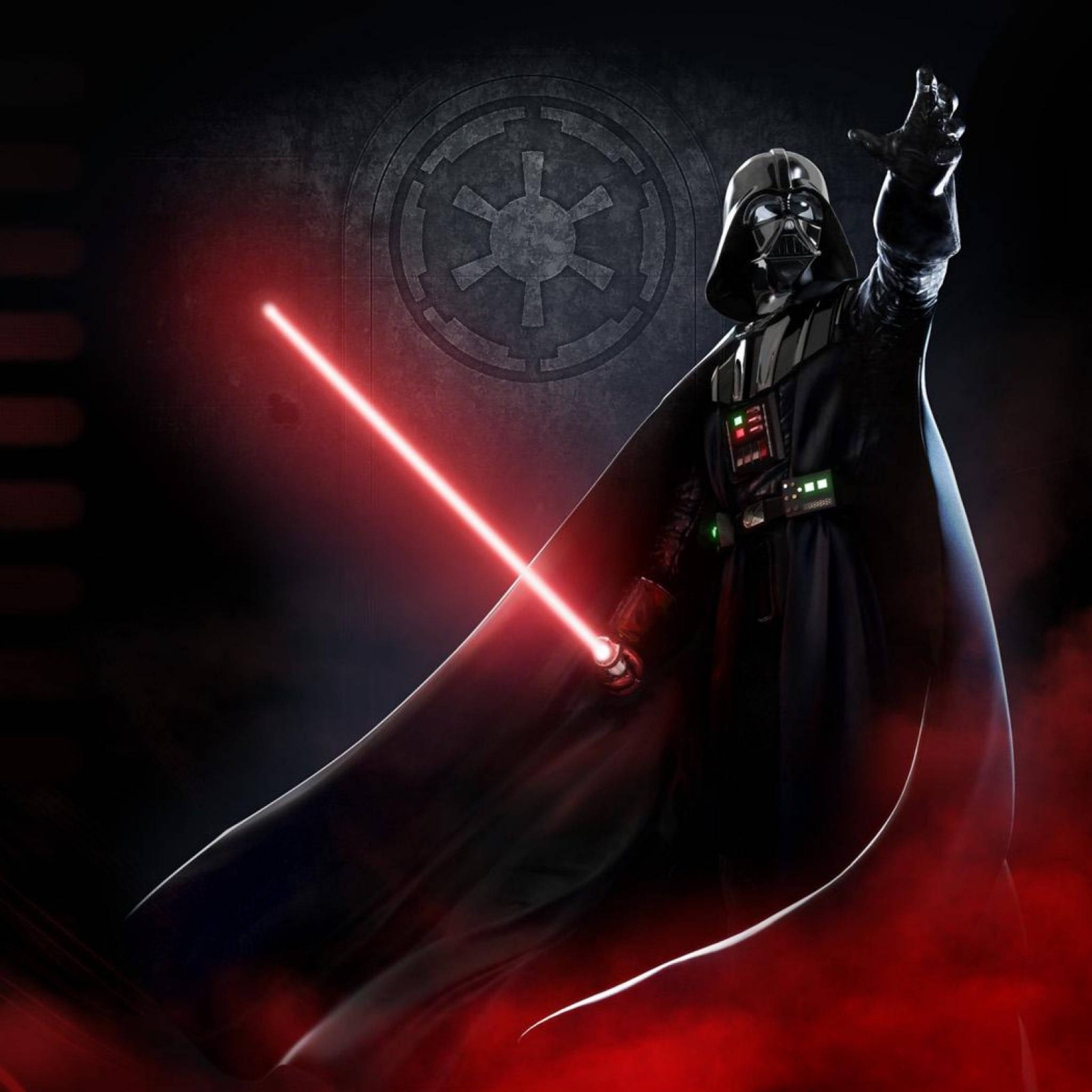 Star Wars iPad 桌布 壁紙 — 達斯維達手持發光的紅色光劍，另一隻手舉起，在黑暗背景前帶有帝國標誌，威風凜凜地站立。