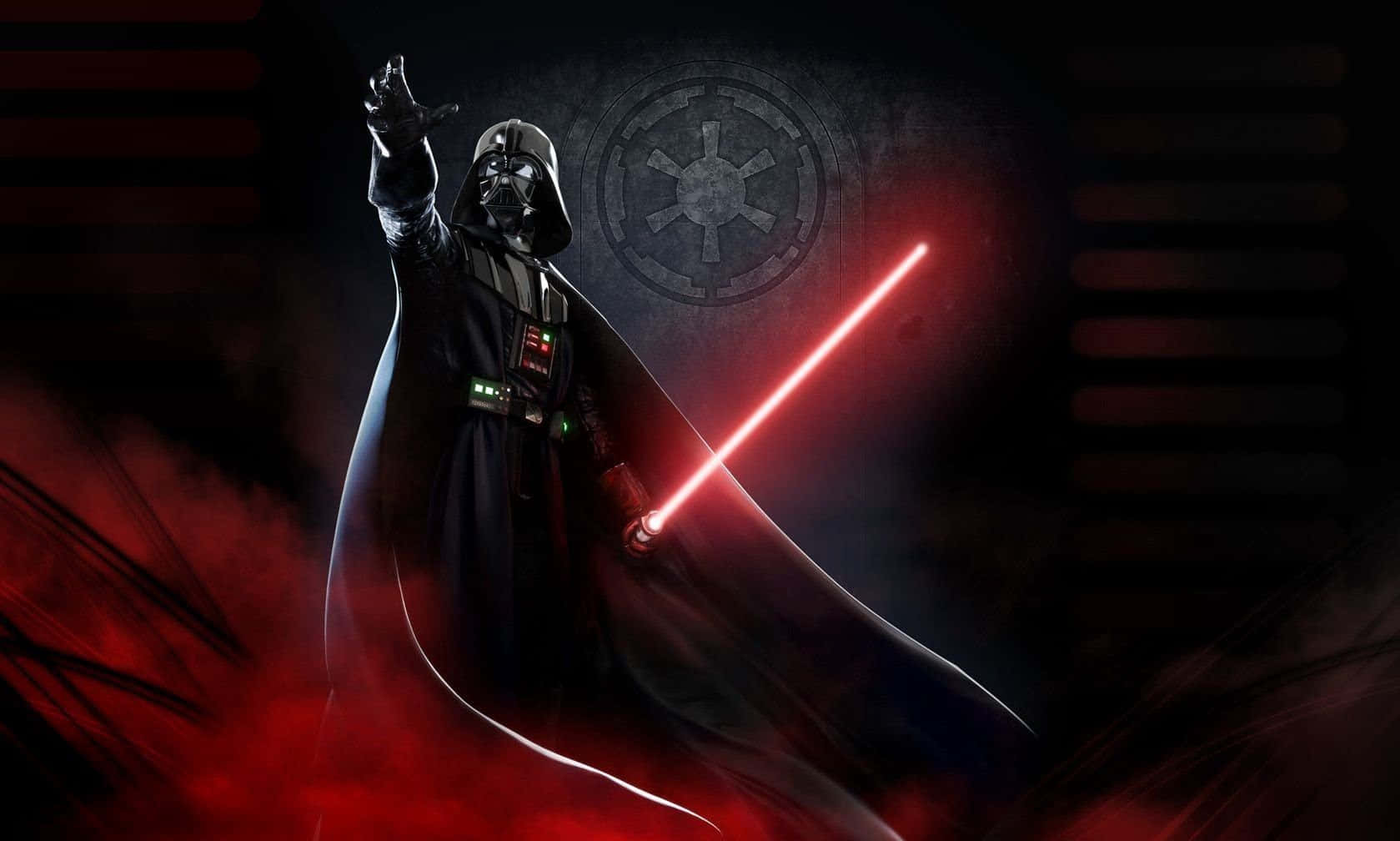 Galactic Empire 桌布 壁紙 — 達斯維達手持發光的紅色光劍，在黑暗背景中威風凜凜地站立，背景是帝國標誌。