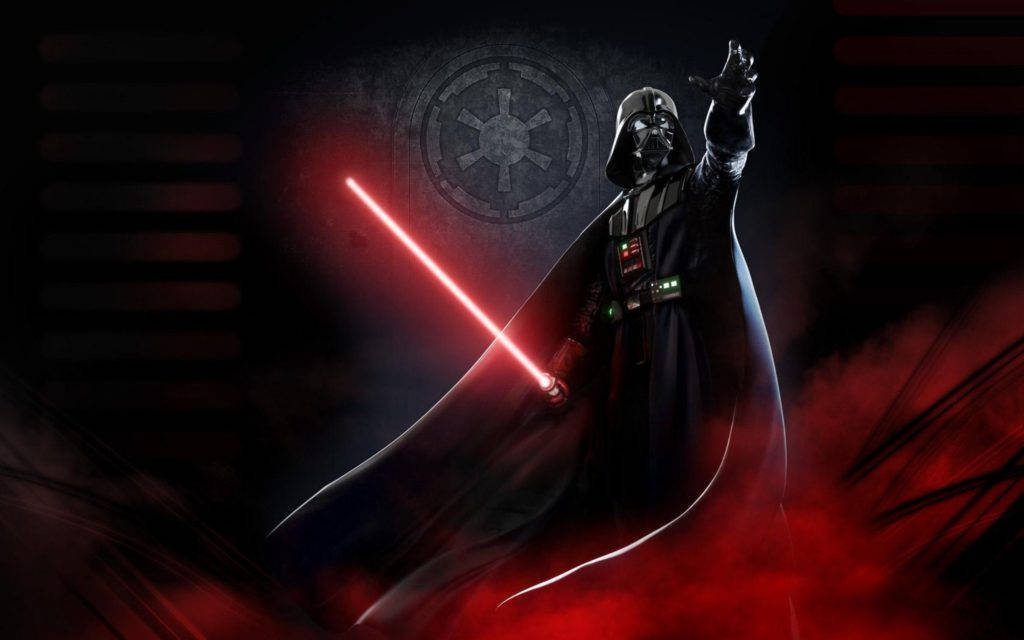 Star Wars Red 桌布 壁紙 — 達斯維達手持發光紅色光劍，在黑暗背景下威嚴地站立，背景有帝國標誌。
