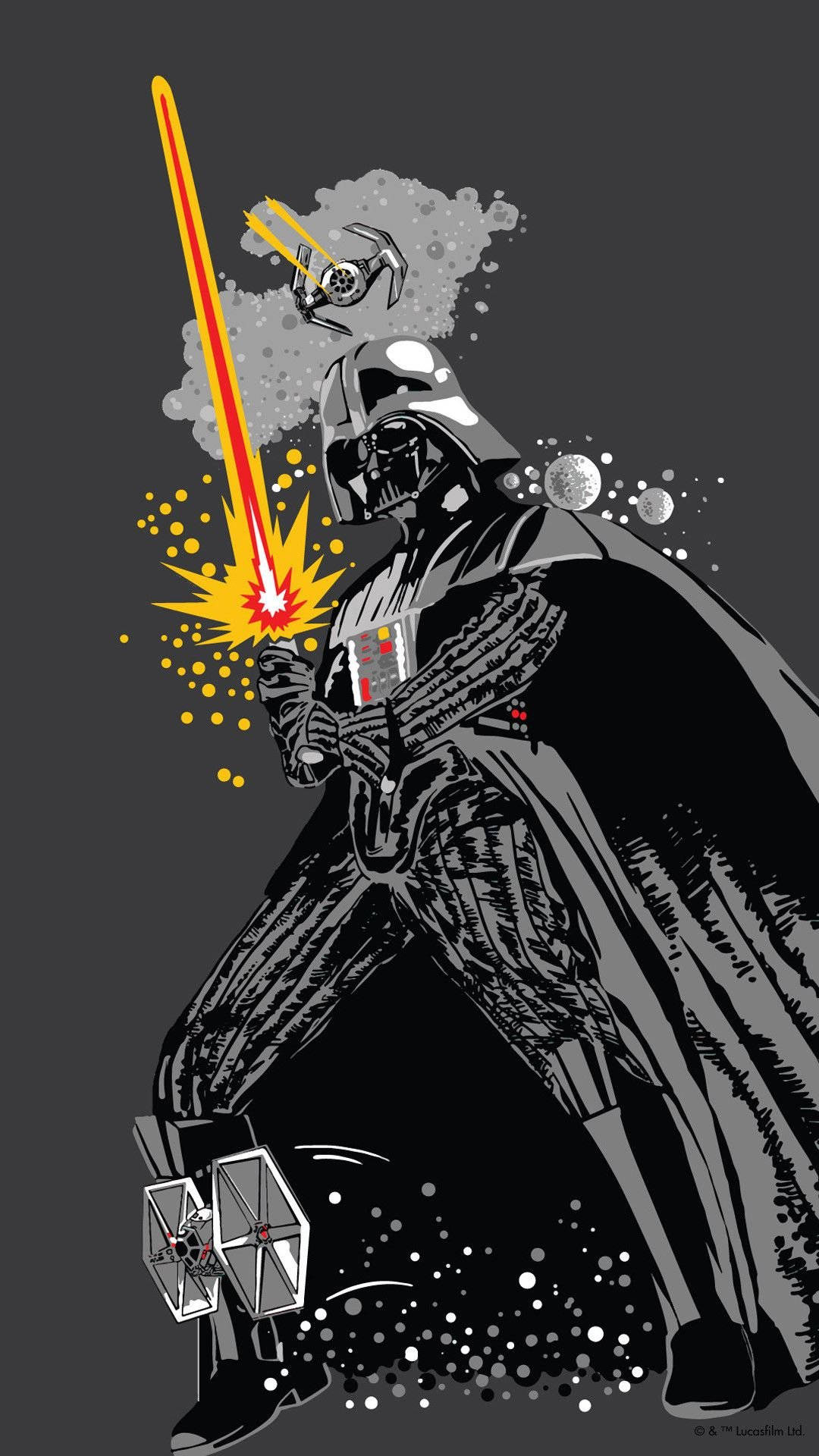 Star Wars Christmas 桌布 壁紙 — 達斯維達揮舞紅色光劍，在深灰色背景上展現動態戰鬥姿勢，伴有爆炸效果和TIE戰機。