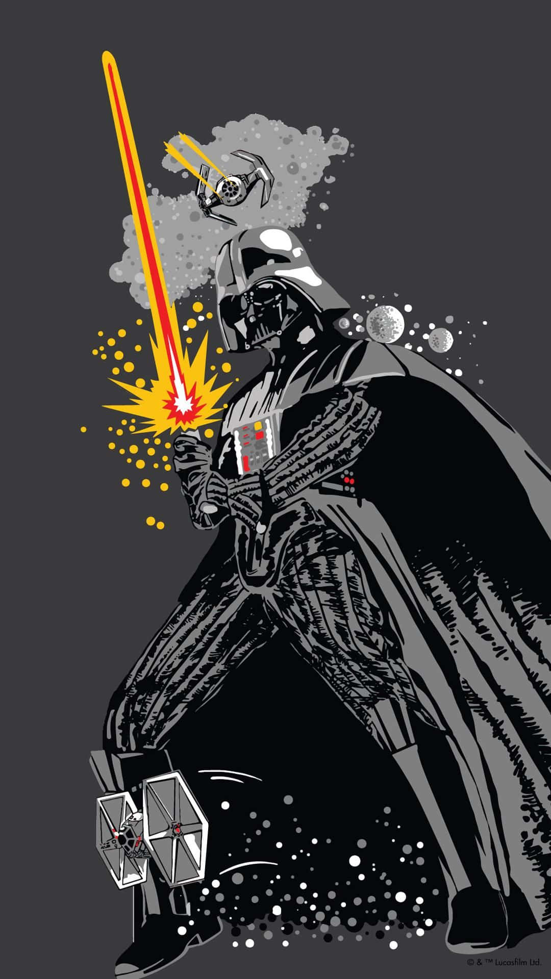 Star Wars Phone 桌布 壁紙 — 達斯維達揮舞紅色光劍，在深灰色背景上以爆炸的TIE戰機和星域效果呈現動態戰鬥姿勢。