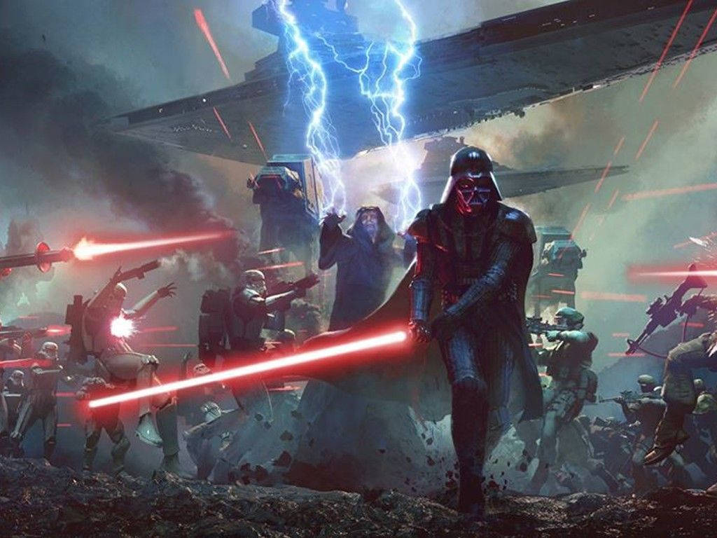 Sith 桌布 壁紙 — 達斯維達揮舞紅色光劍，在與風暴兵的混戰中，閃電擊中戰火蹂躪的戰場上空。