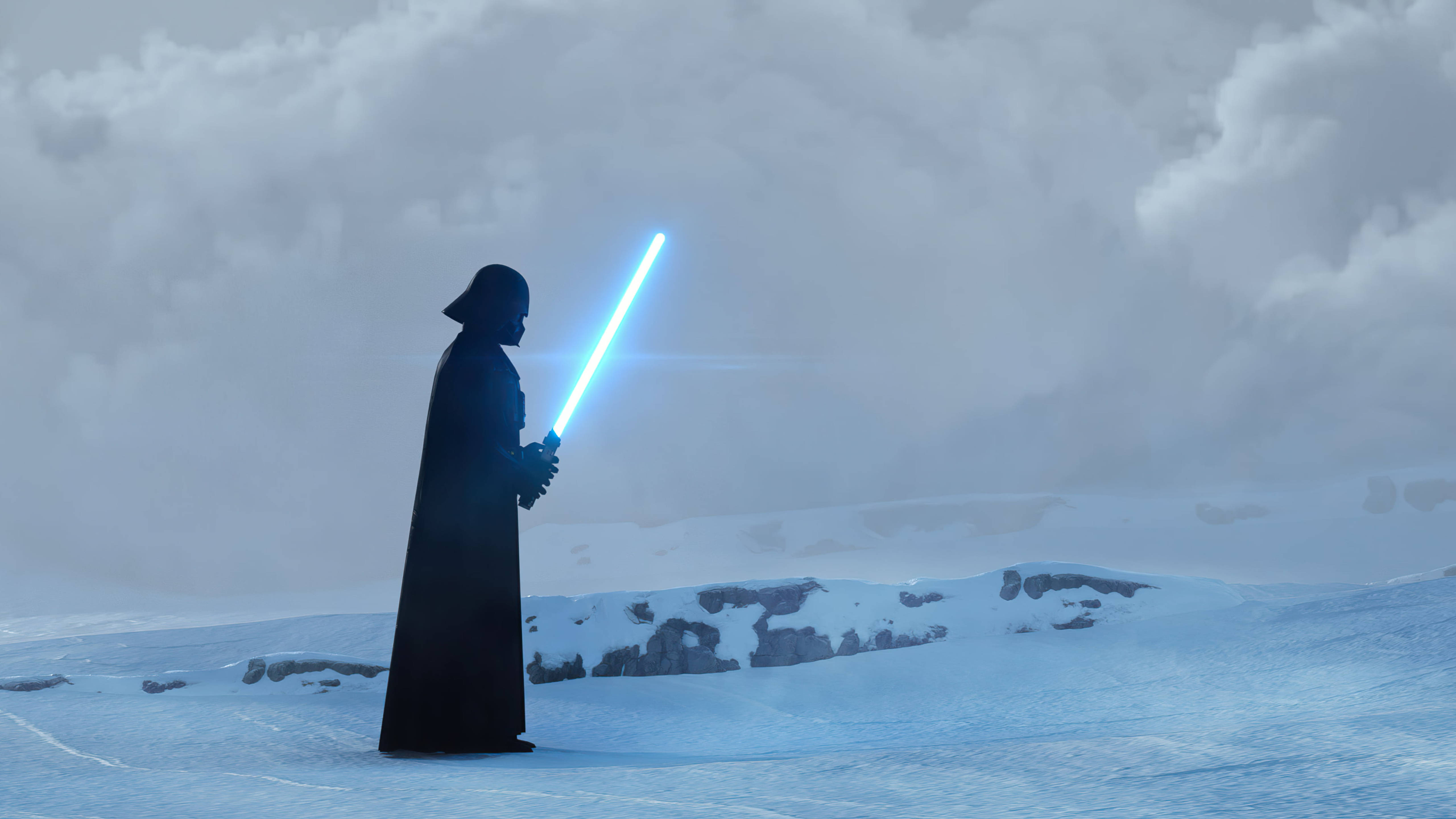 Vader 桌布 壁紙 — 達斯維達獨自站在雪景中，在陰雲密布的天空下握著一把發光的藍色光劍。