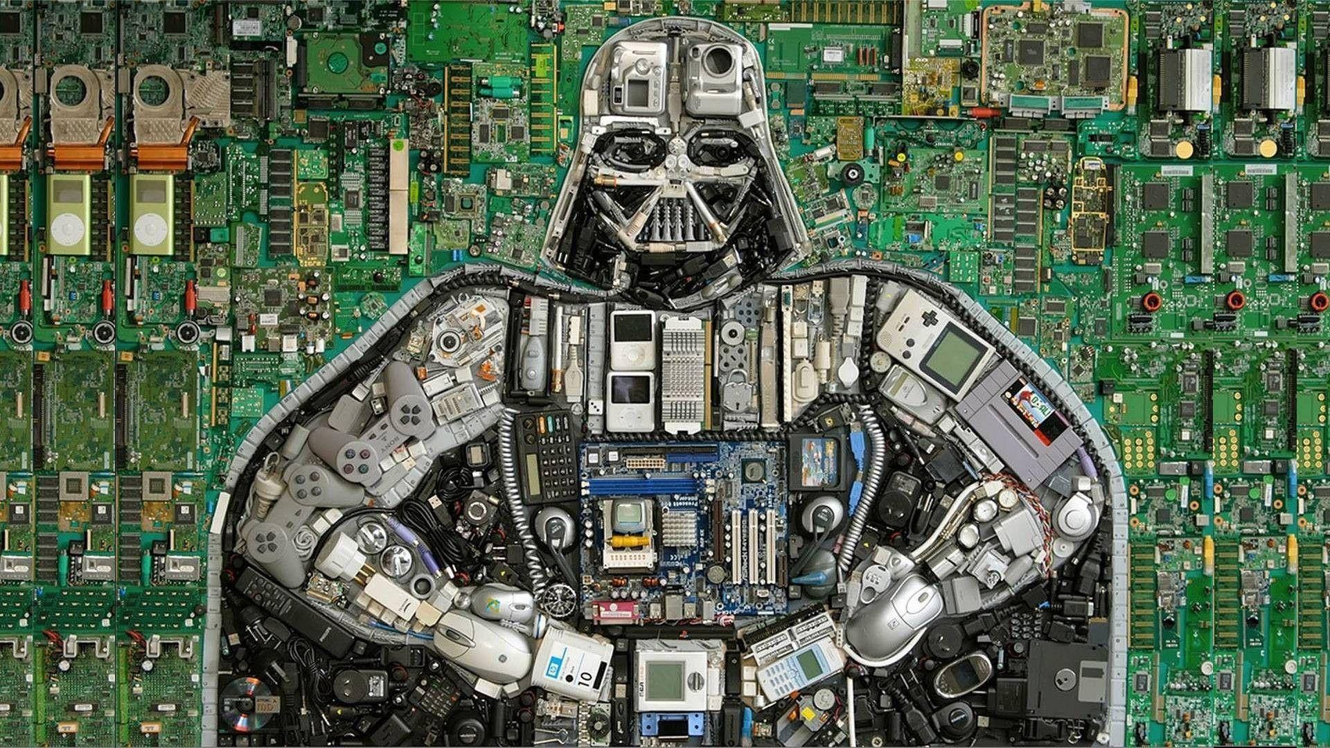 Motherboard 桌布 壁紙 — 達斯維達的剪影，由復古電子產品和電路板在綠色主機板背景上製作而成。