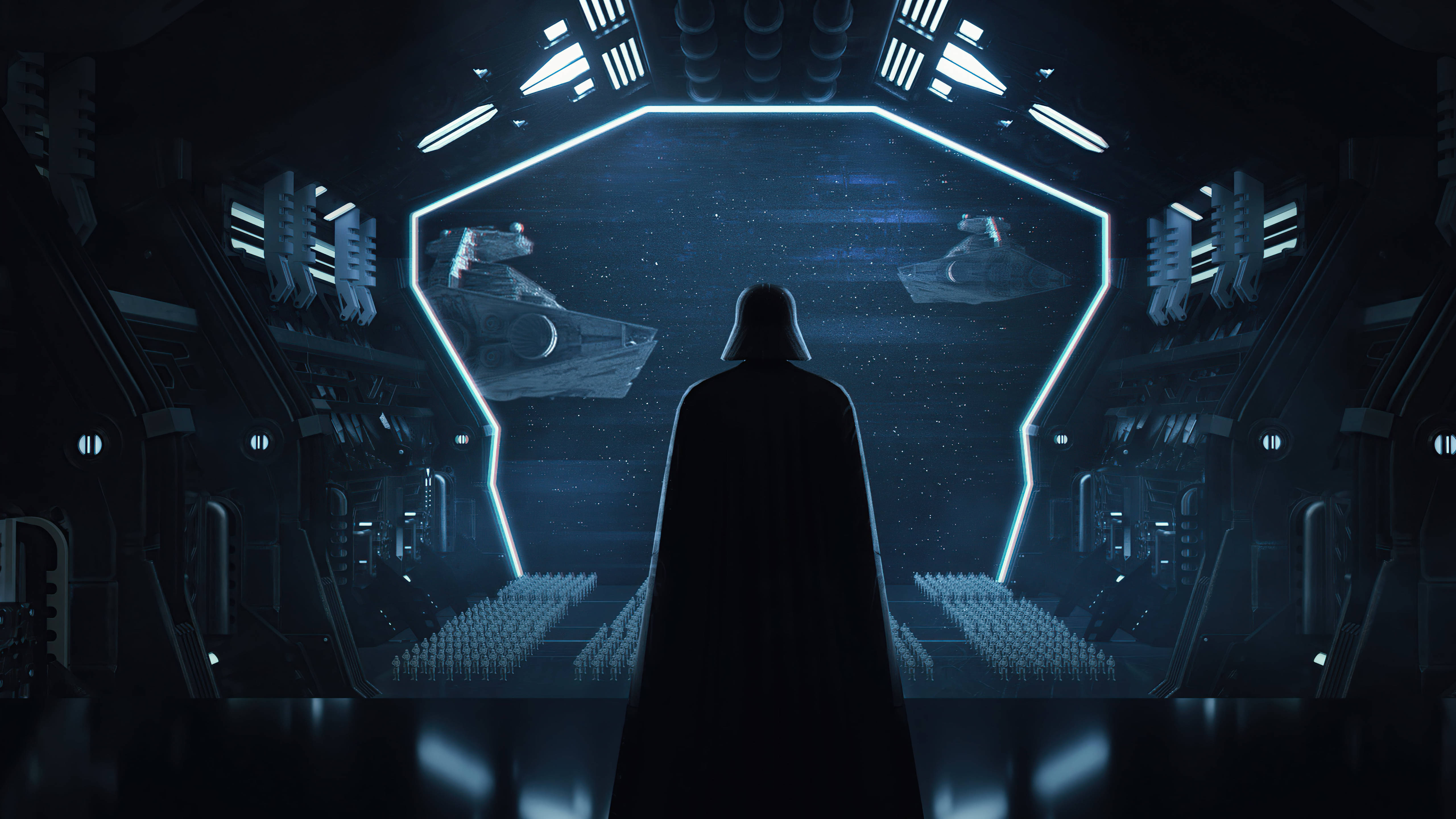 Vader 桌布 壁紙 — 達斯維達的黑色剪影站在未來風格的太空船機庫中，凝視著星際虛空中的兩艘滅星者戰艦。