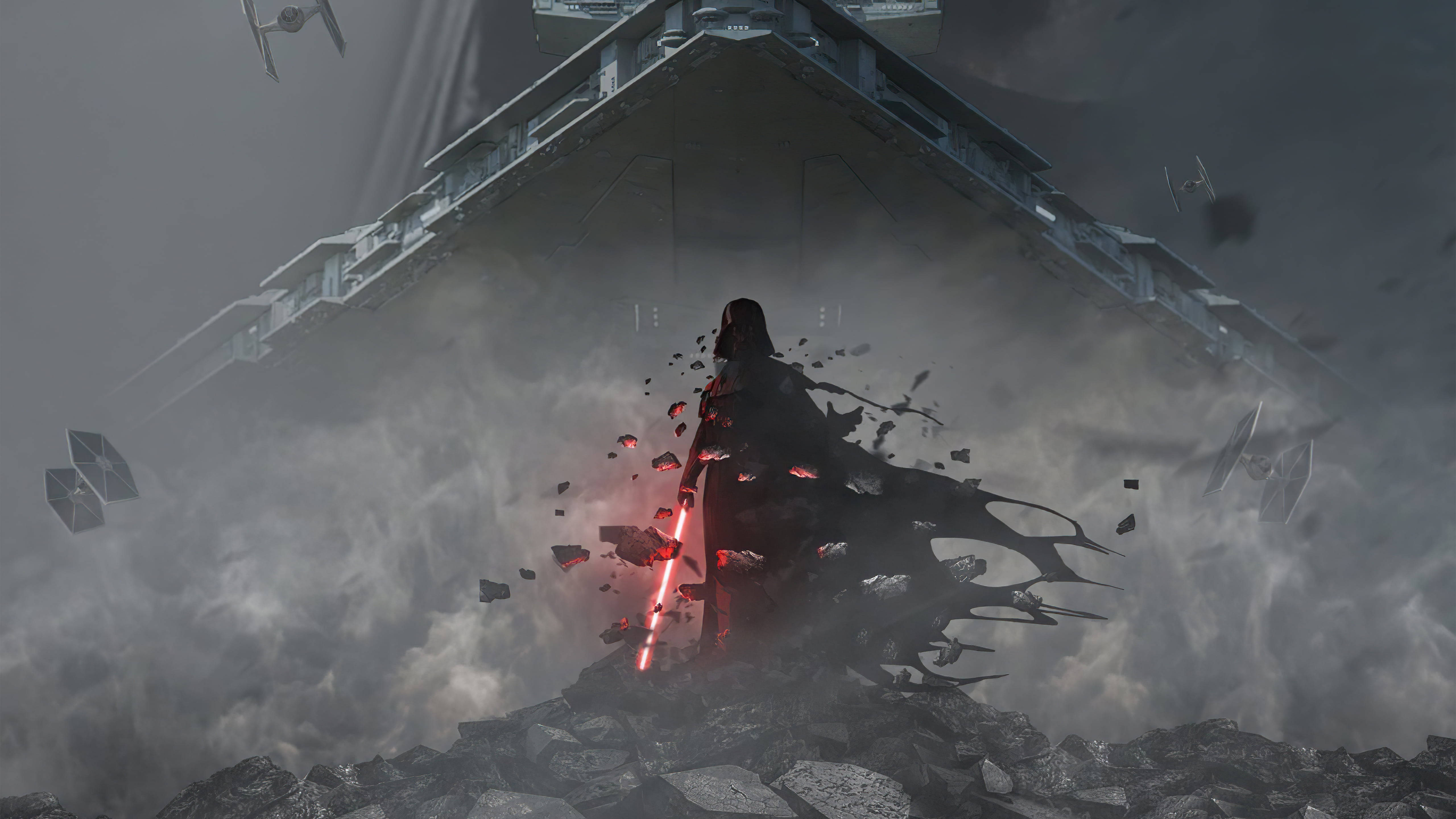 Vader 桌布 壁紙 — 達斯維達站在瓦礫中，手持紅色光劍，一艘巨大的星際驅逐艦在暴風雨般的太空戰鬥中盤旋在上方。