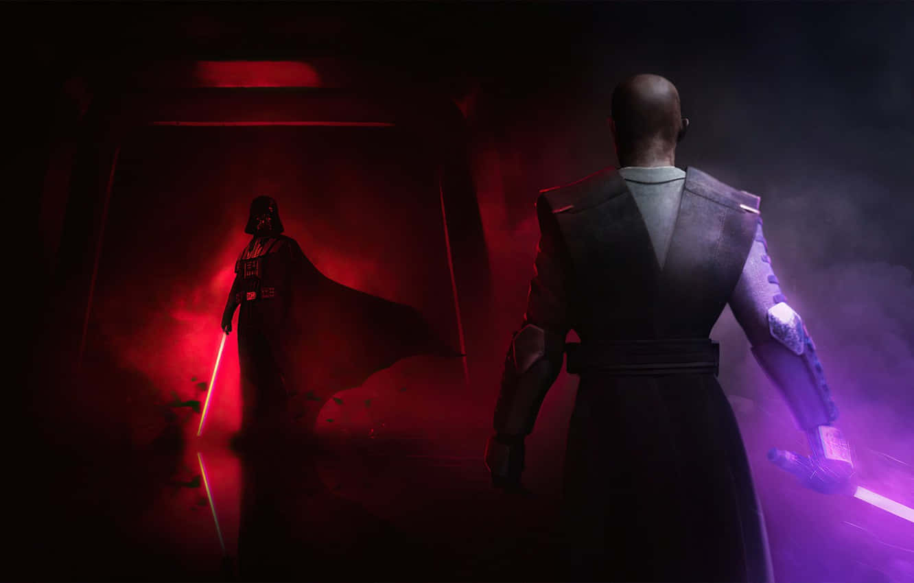 Lightsaber Duel 桌布 壁紙 — 達斯維達站在紅光中，面對一個背光人物，手持紫色光劍，在煙霧瀰漫的黑暗走廊中。