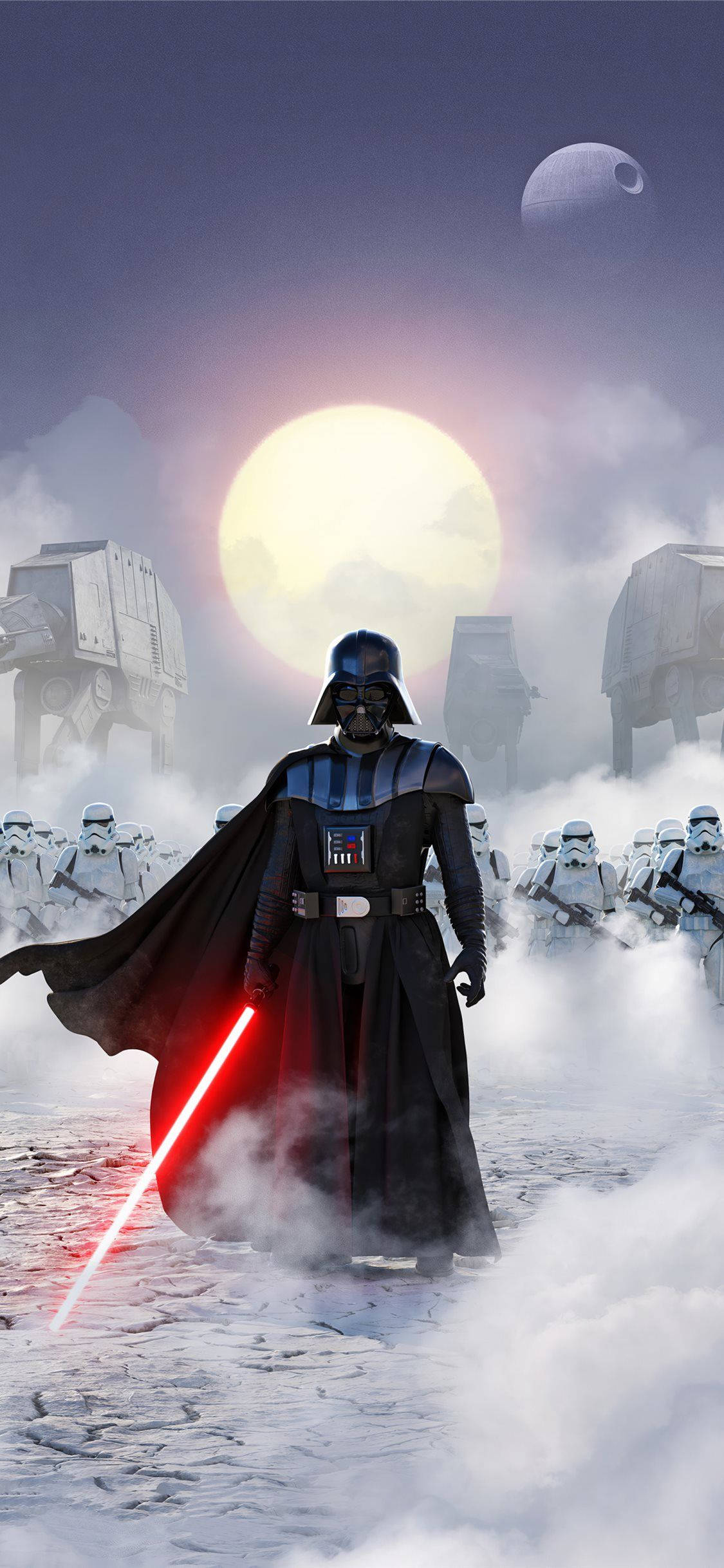 star wars 4K iPhone 桌布 壁紙 — 達斯維達站在霧氣瀰漫的戰場上，手持紅色光劍，身後有AT-AT步行機和風暴兵，背景是一輪發光的月亮。