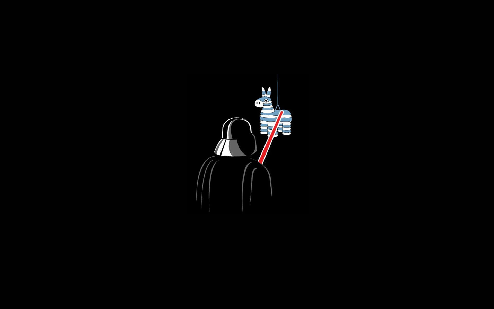 Funny Star Wars 桌布 壁紙 — 達斯維達站在黑暗中，手持紅色光劍指向一個懸掛著的條紋驢形皮納塔。