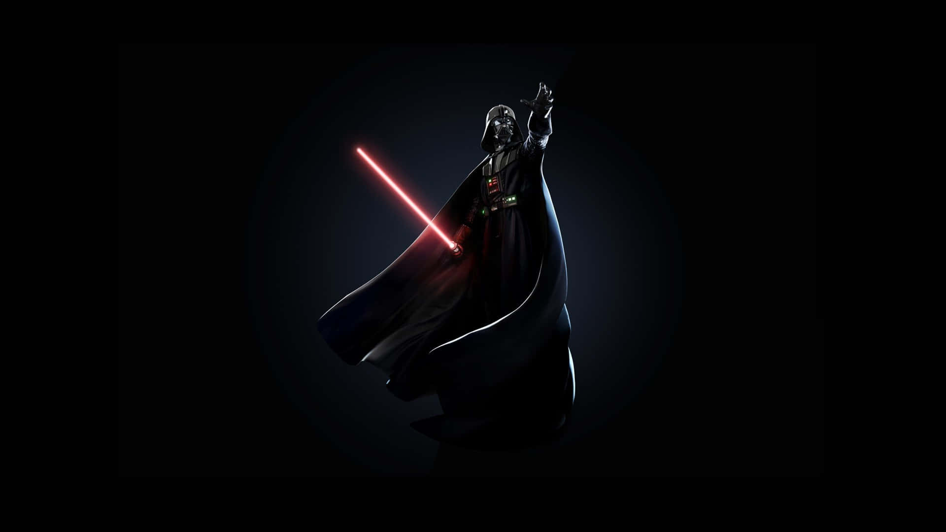 Lightsaber Duels 桌布 壁紙 — 達斯維達站在黑暗中，揮舞著發光的紅色光劍，一隻手舉起，擺出指揮的姿勢。