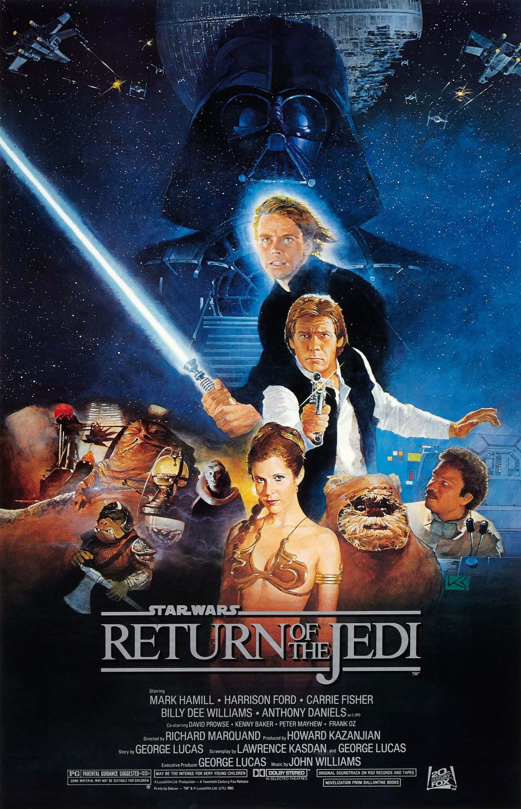 Return Of The Jedi 桌布 壁紙 — 達斯維達籠罩著路克和韓，在充滿星光的太空戰鬥中，有X翼戰機和死星。