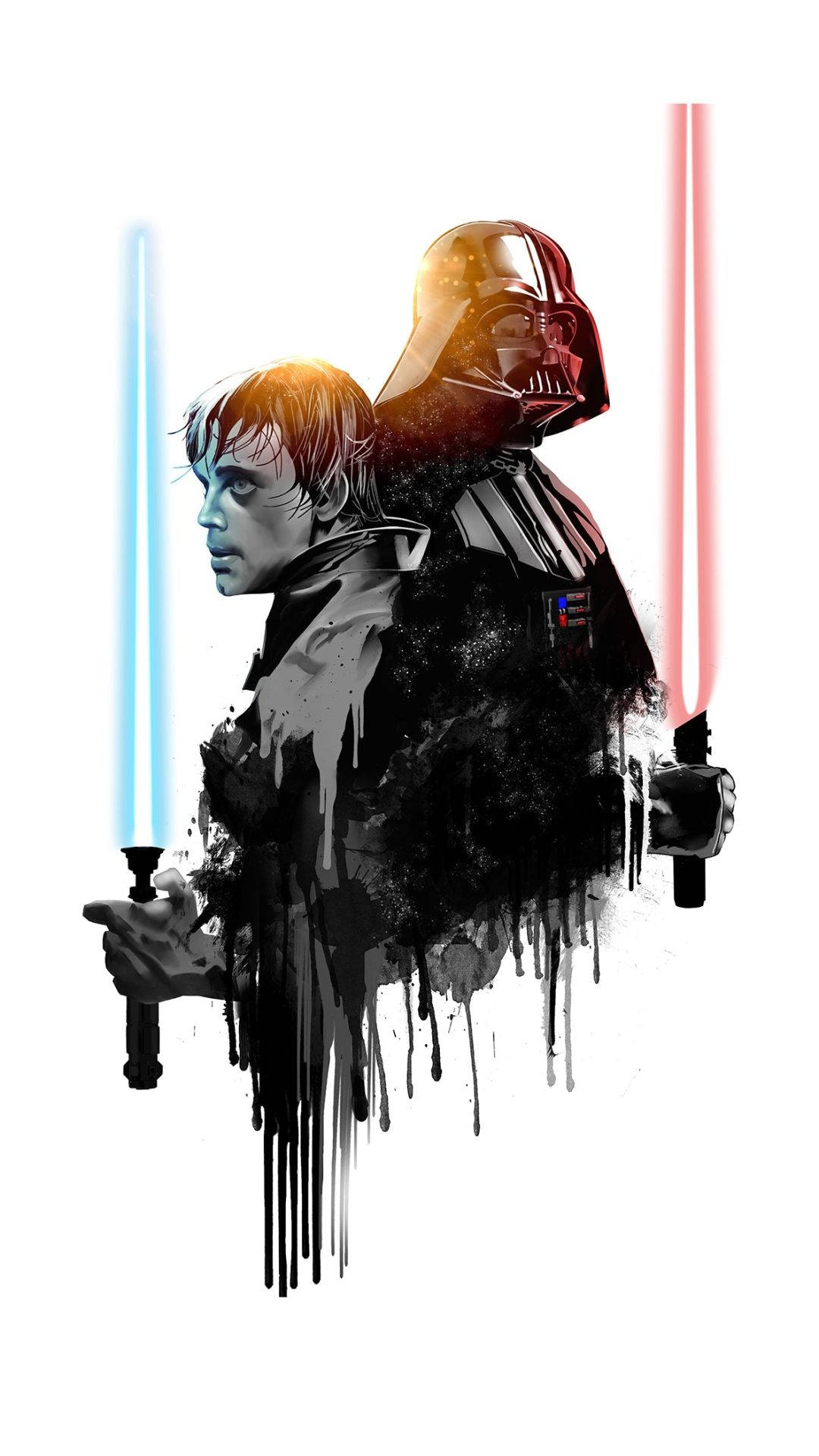 star wars iPhone 6 plus 桌布 壁紙 — 達斯維達籠罩著路克天行者，他們對比的光劍在純白背景上發光，伴隨著戲劇性的墨水飛濺。