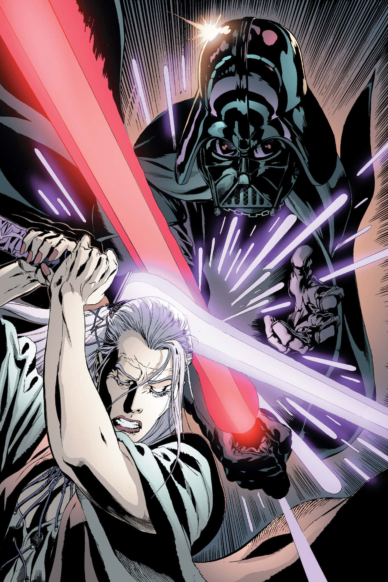 The Great Jedi Purge 桌布 壁紙 — 達斯維達與銀髮戰士展開紅白光劍的動態對決。