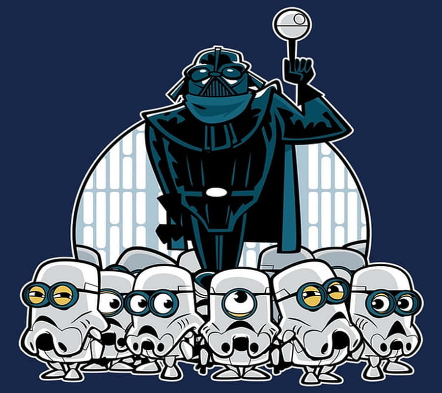 Funny Star Wars 桌布 壁紙 — 達斯維達高舉死星模型，站在一排小小兵風暴兵之上，背景為深藍色。