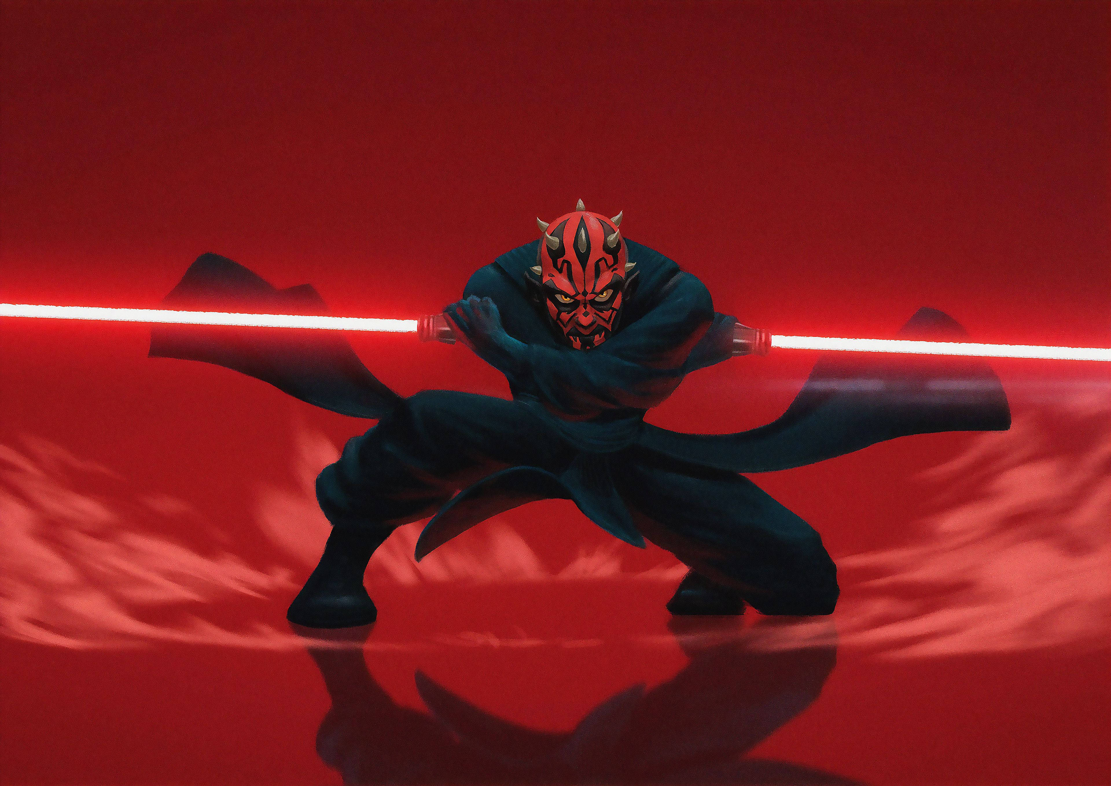 Maul 桌布 壁紙 — 達斯魔以戰鬥姿勢揮舞兩把紅色光劍，背景為鮮紅色，帶有戲劇性燈光。