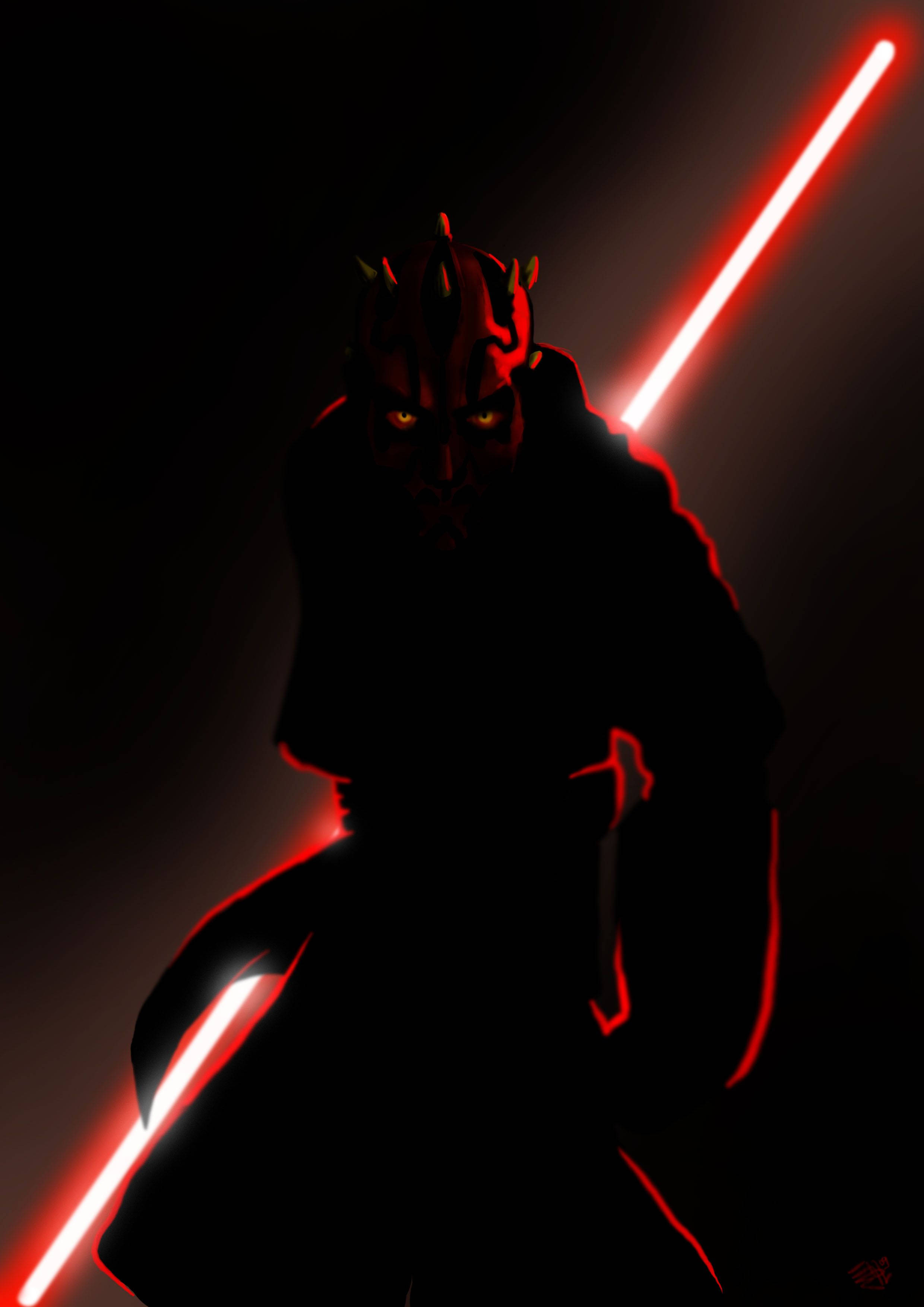 Maul 桌布 壁紙 — 達斯魔的威脅性剪影，在黑暗背景下揮舞兩把紅色光劍。