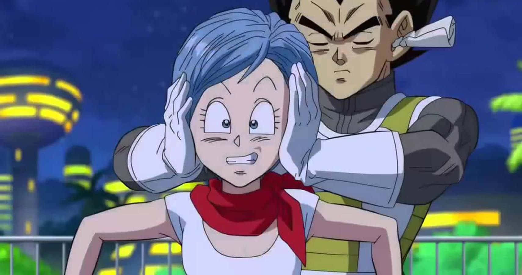Vegeta's Family 桌布 壁紙 — 達爾從後擁抱布瑪，她望著夜間閃爍的未來城市天際線，顯得驚訝。