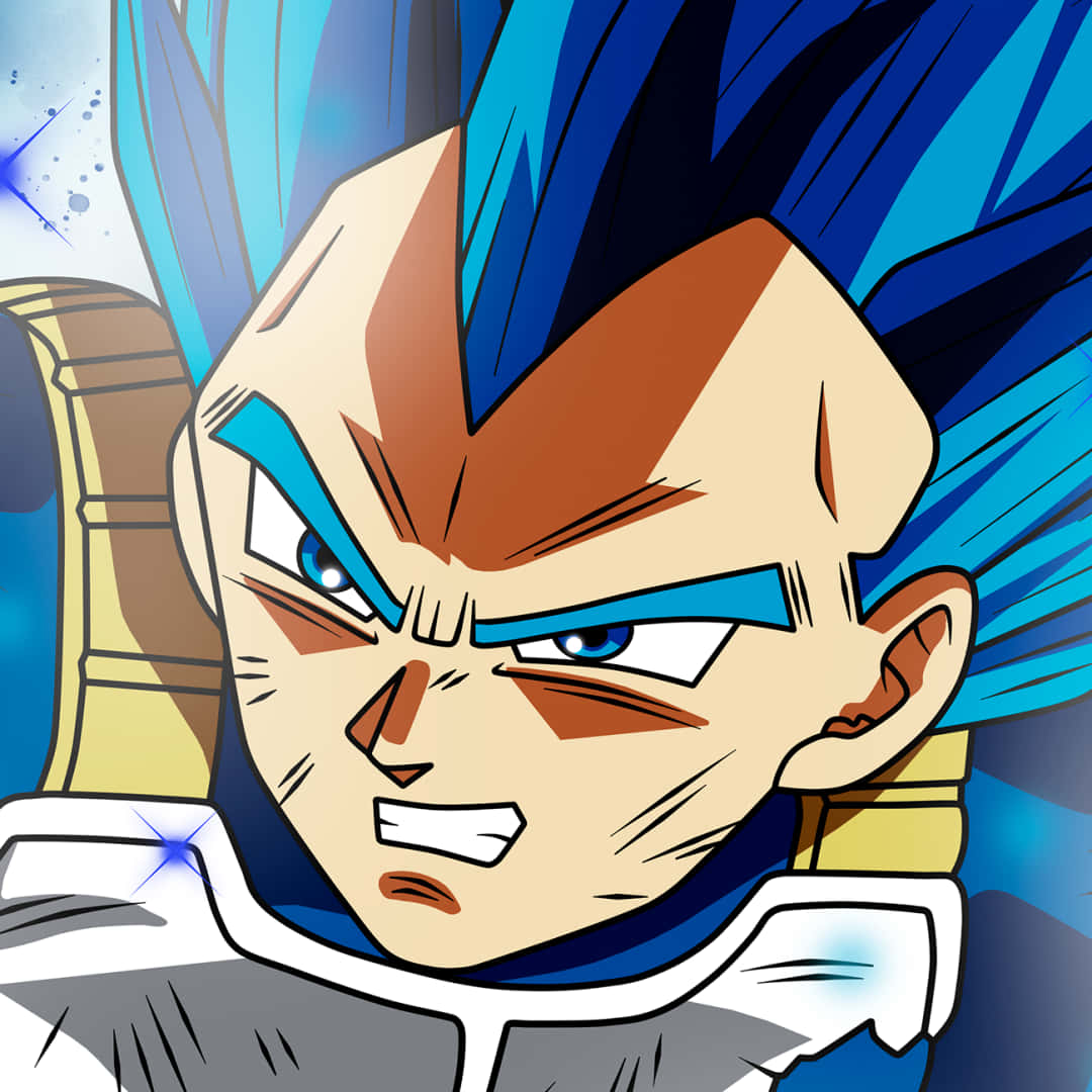 1080x1080 Vegeta Blue 桌布 壁紙 — 達爾超級賽亞人藍色形態特寫，帶有強烈藍色頭髮和兇猛表情，背景為動態藍色。