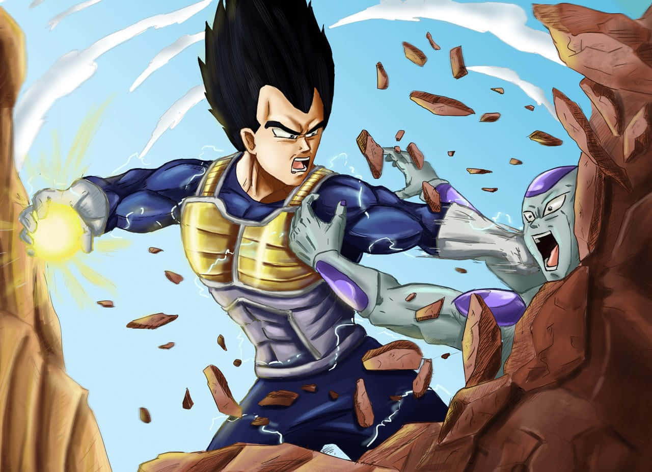 Vegeta And Frieza 桌布 壁紙 — 達爾身穿藍金色盔甲，在飛石和破碎地形中向弗利沙發射發光的能量爆炸。