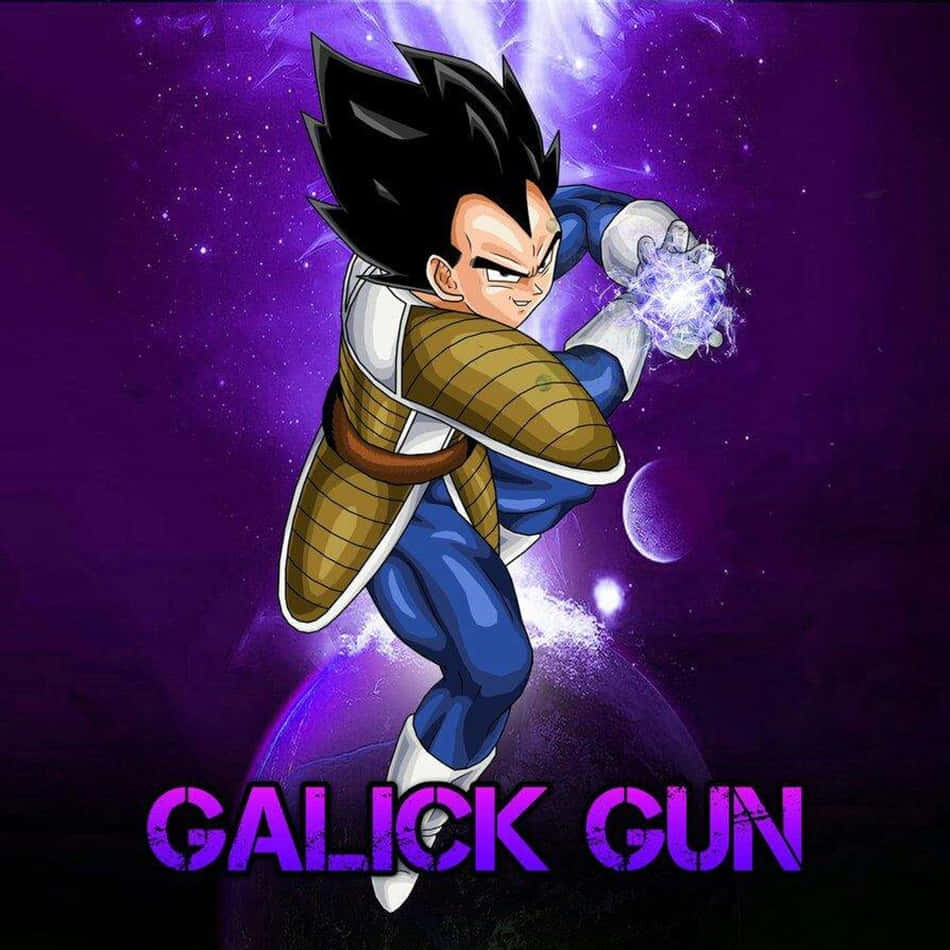 Vegeta's Galick Gun 桌布 壁紙 — 達爾身穿賽亞人盔甲，在宇宙紫色星空背景下釋放出發光的能量爆炸。