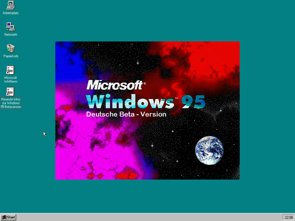 Windows 95 動態圖 桌布 壁紙 — 適用於 Windows 95 Beta 德文版的鮮豔宇宙桌布，包含地球、星星以及紅色、藍色和洋紅色的迷幻星雲。