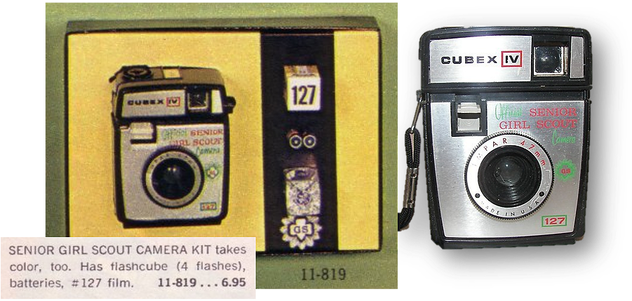 復古 桌布 壁紙 — 適用於高級女童軍的復古 Cubex IV 相機套裝，展示包裝及獨立視圖，附有閃光燈泡和底片細節。