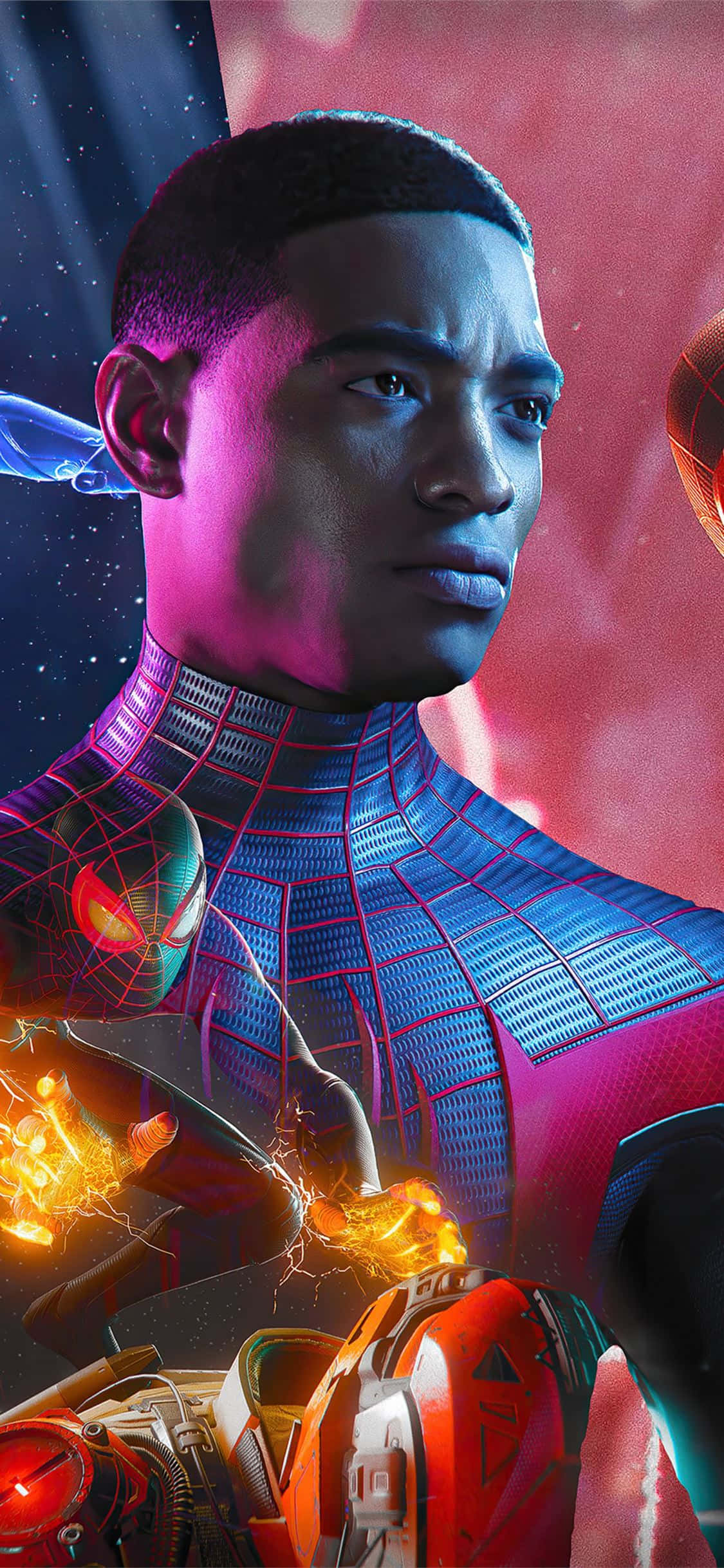 Miles Morales iPhone 桌布 壁紙 — 邁爾斯·莫拉萊斯（蜘蛛人）的近距離特寫，以動感姿勢展現發光的蛛網和熾熱能量效果，背景為宇宙。