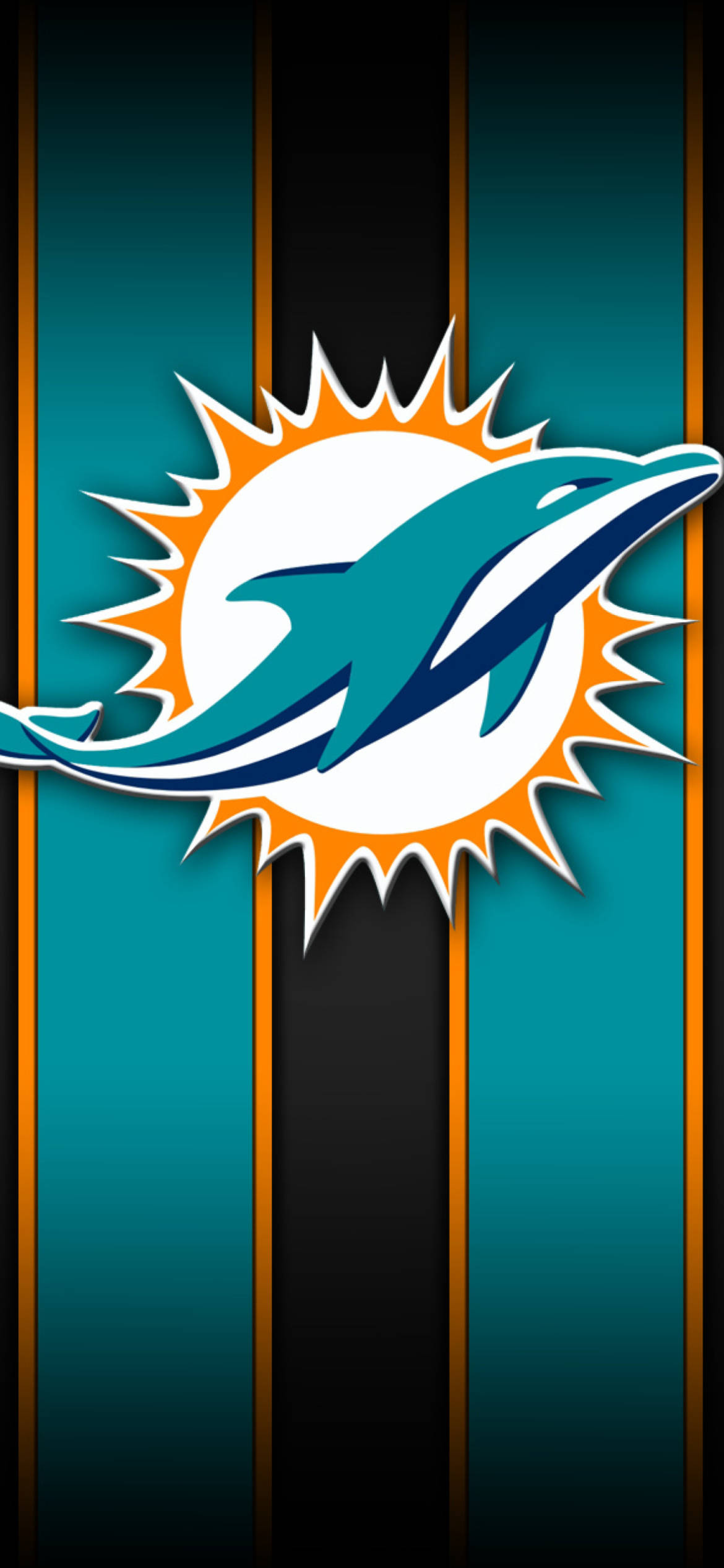 Miami Dolphins iPhone 桌布 壁紙 — 邁阿密海豚標誌居中於青綠色、黑色和橙色垂直條紋背景上。