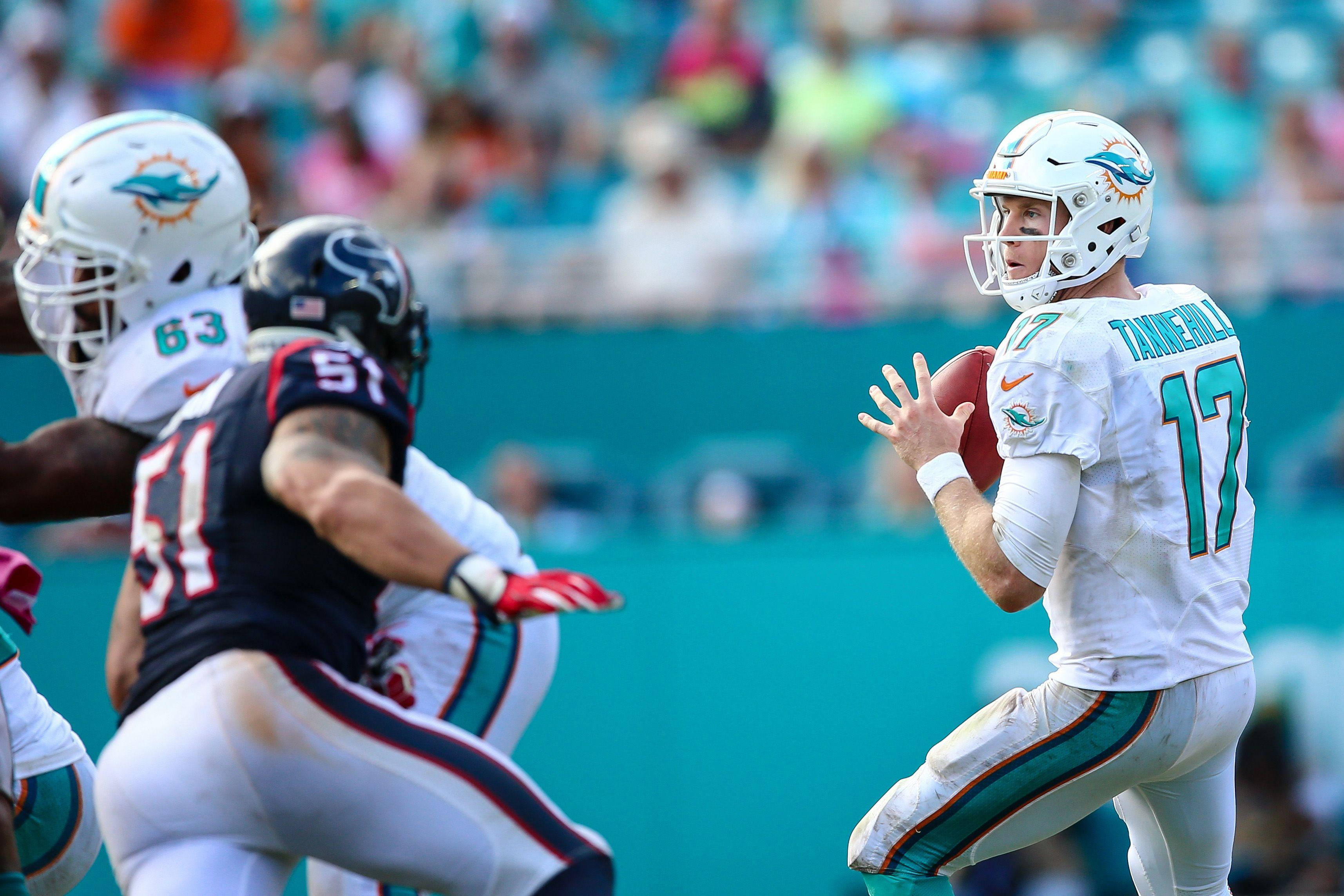 運動 桌布 壁紙 — 邁阿密海豚隊四分衛Ryan Tannehill身穿白色球衣，在NFL日間比賽中準備傳球，防守球員正在逼近。