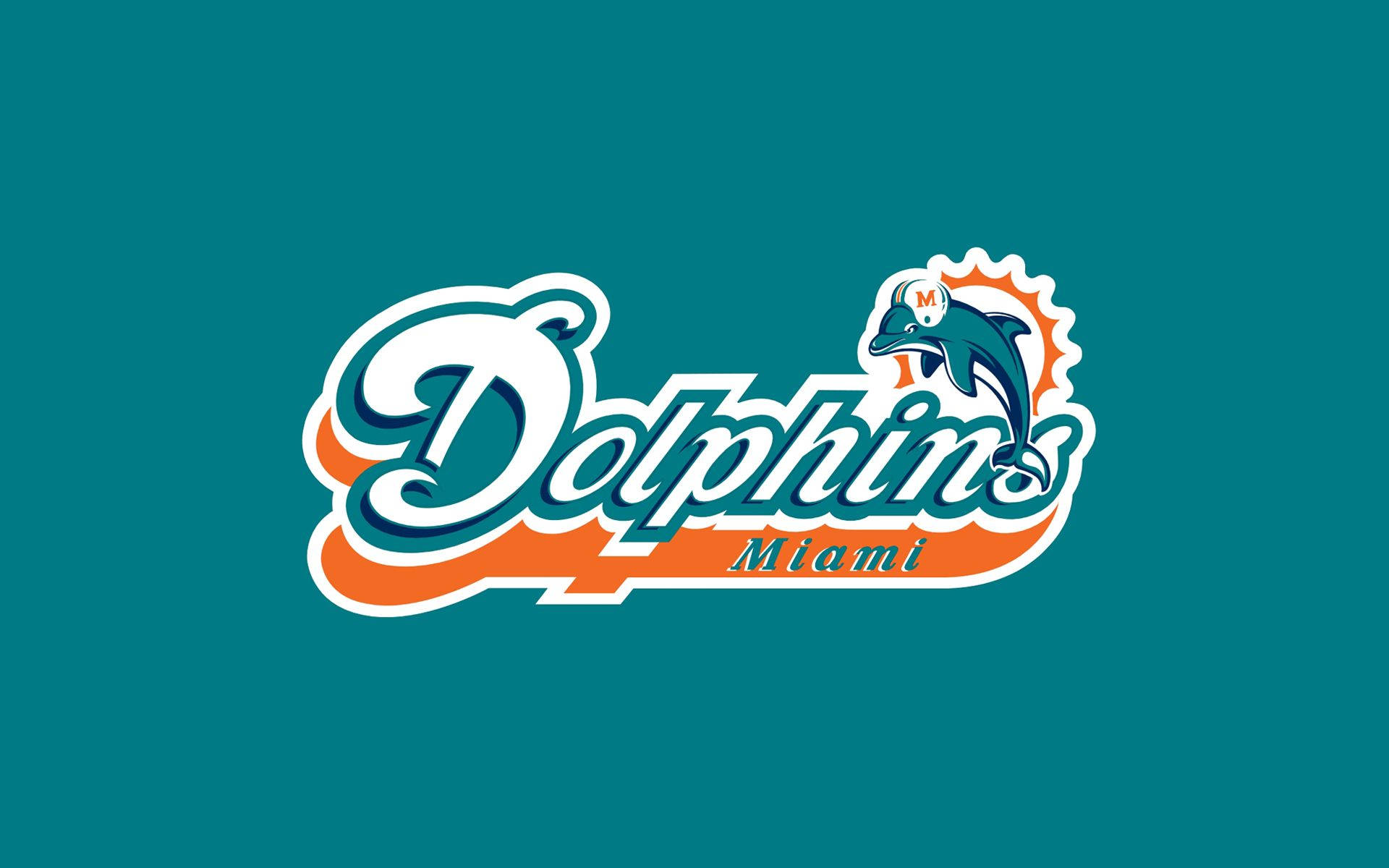 dolphins 桌布 壁紙 — 邁阿密海豚隊標誌，採用青綠色、橙色和白色，背景為純青綠色。