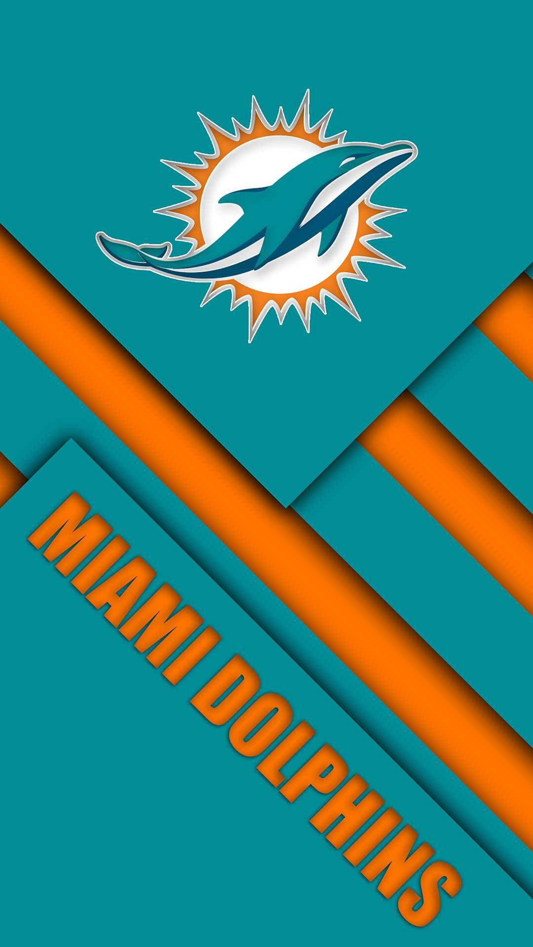 Miami Dolphins iPhone 桌布 壁紙 — 邁阿密海豚隊標誌，採用青綠色和橙色，帶有粗體對角線條紋和球隊名稱文字。